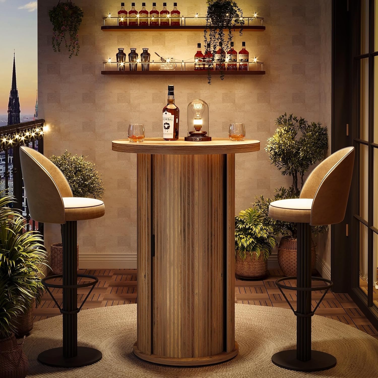 35.4" Round Bar Table, High Top Pub Table with 3-Tier Hidden Storage Shelves