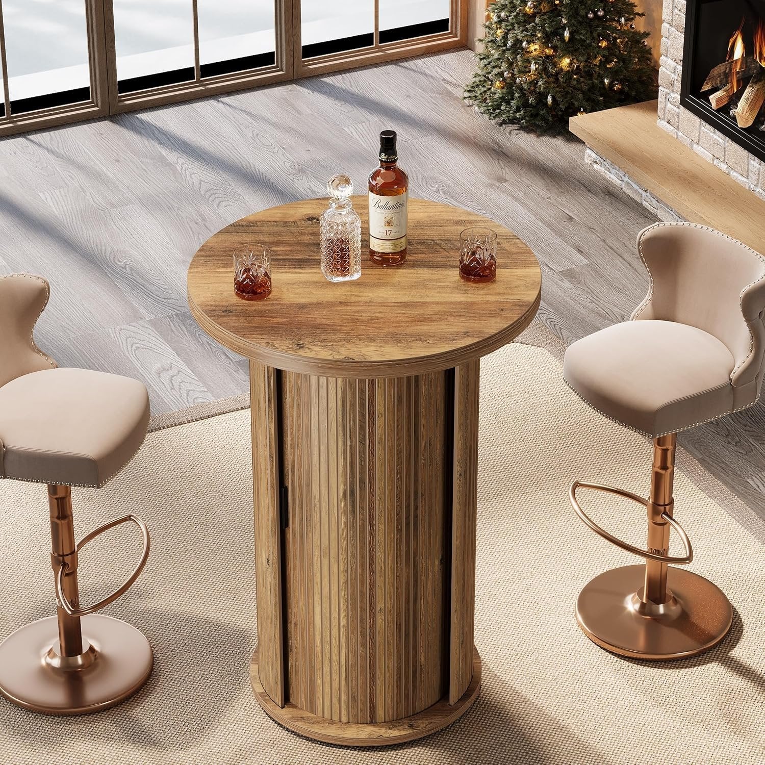 35.4" Round Bar Table, High Top Pub Table with 3-Tier Hidden Storage Shelves