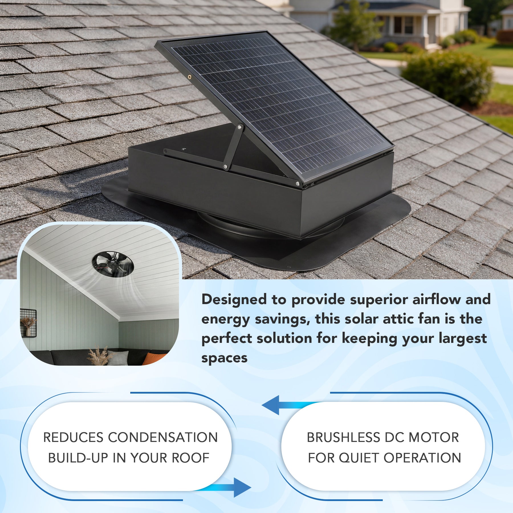 35W Solar Attic Fan, 2800 CFM Smart Roof Vent Built-in Temperature Sensors