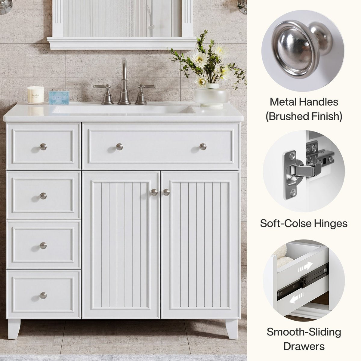 36" Bathroom Vanity With Ceramic Basin, Bathroom Sink Cabinet with Drawers