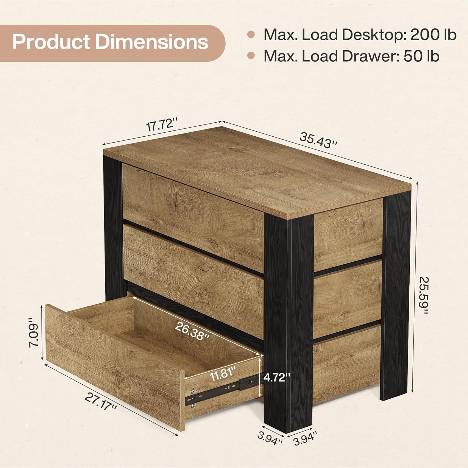 36" Oversized Nightstand, Large Bedside Table with 3 Drawers Storage