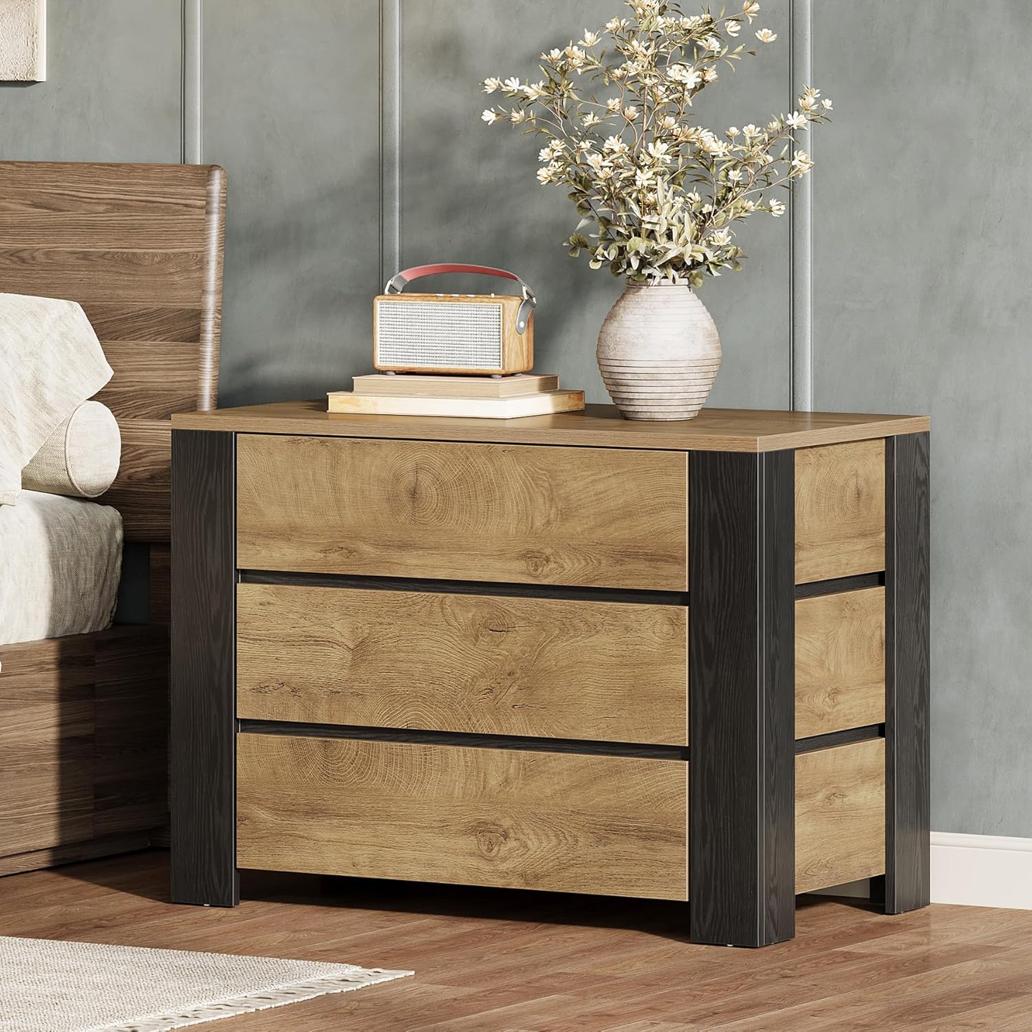 36" Oversized Nightstand, Large Bedside Table with 3 Drawers Storage
