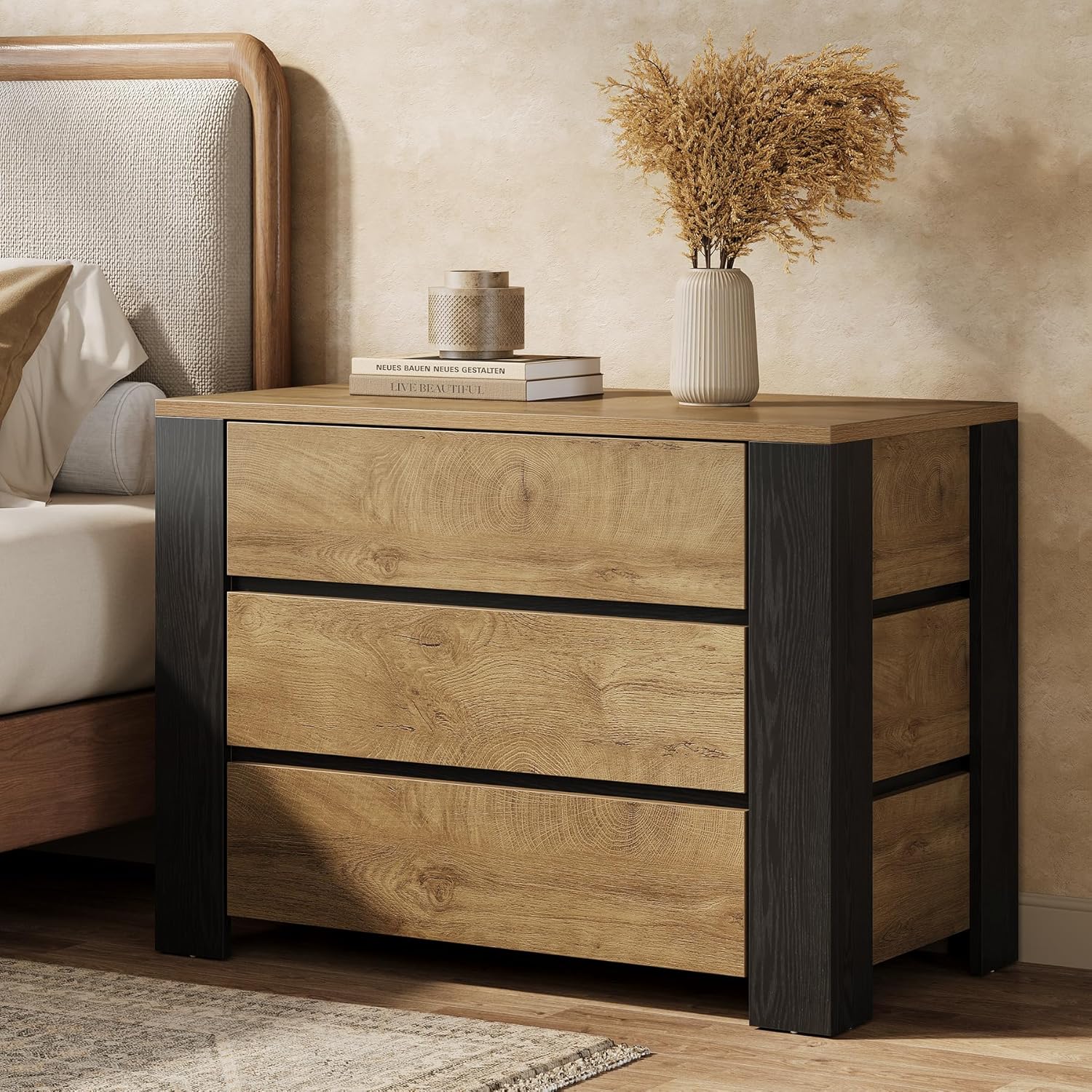 36" Oversized Nightstand, Large Bedside Table with 3 Drawers Storage