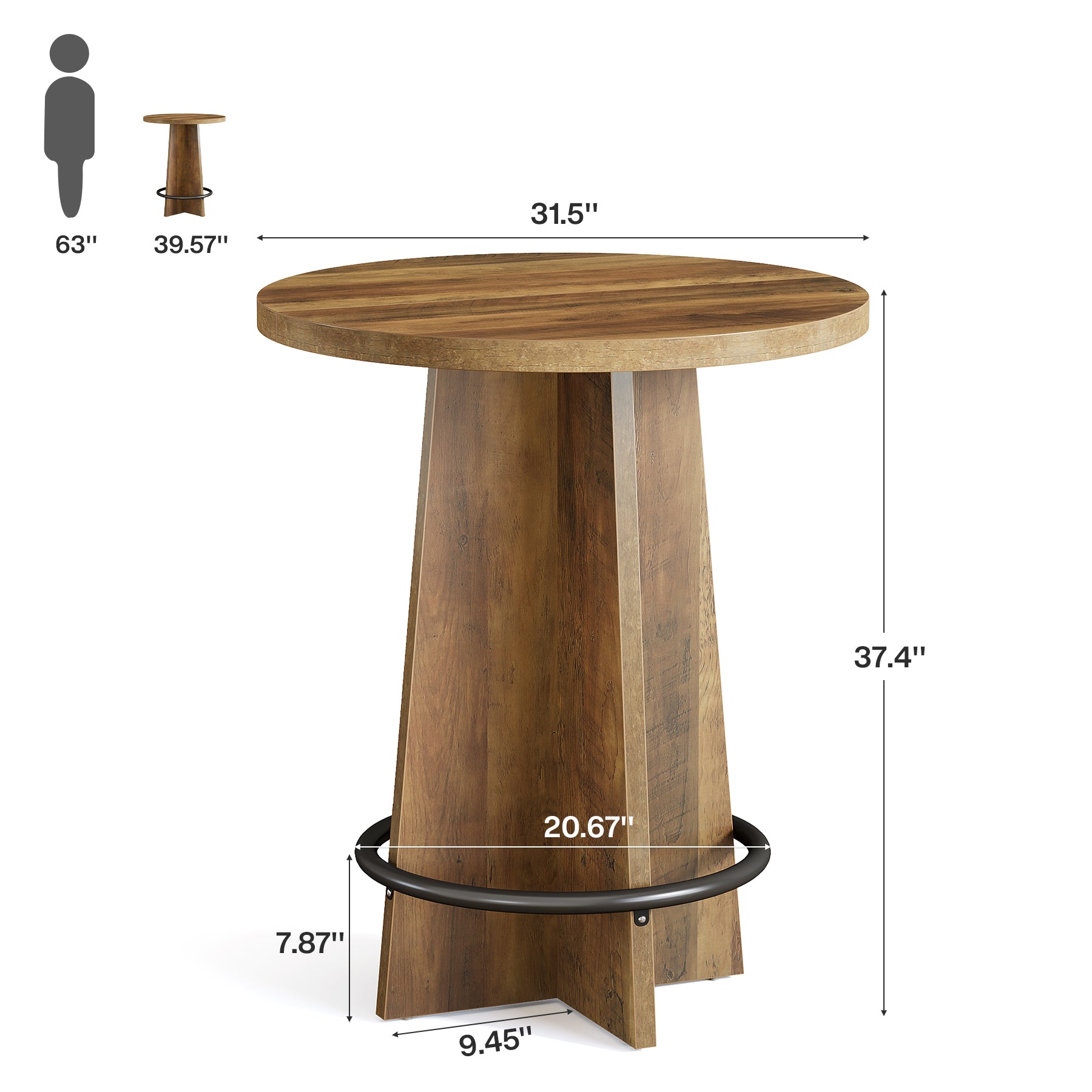 37.4" Bar Table, Wooden Bistro Pub Table with Metal Ring Footrest