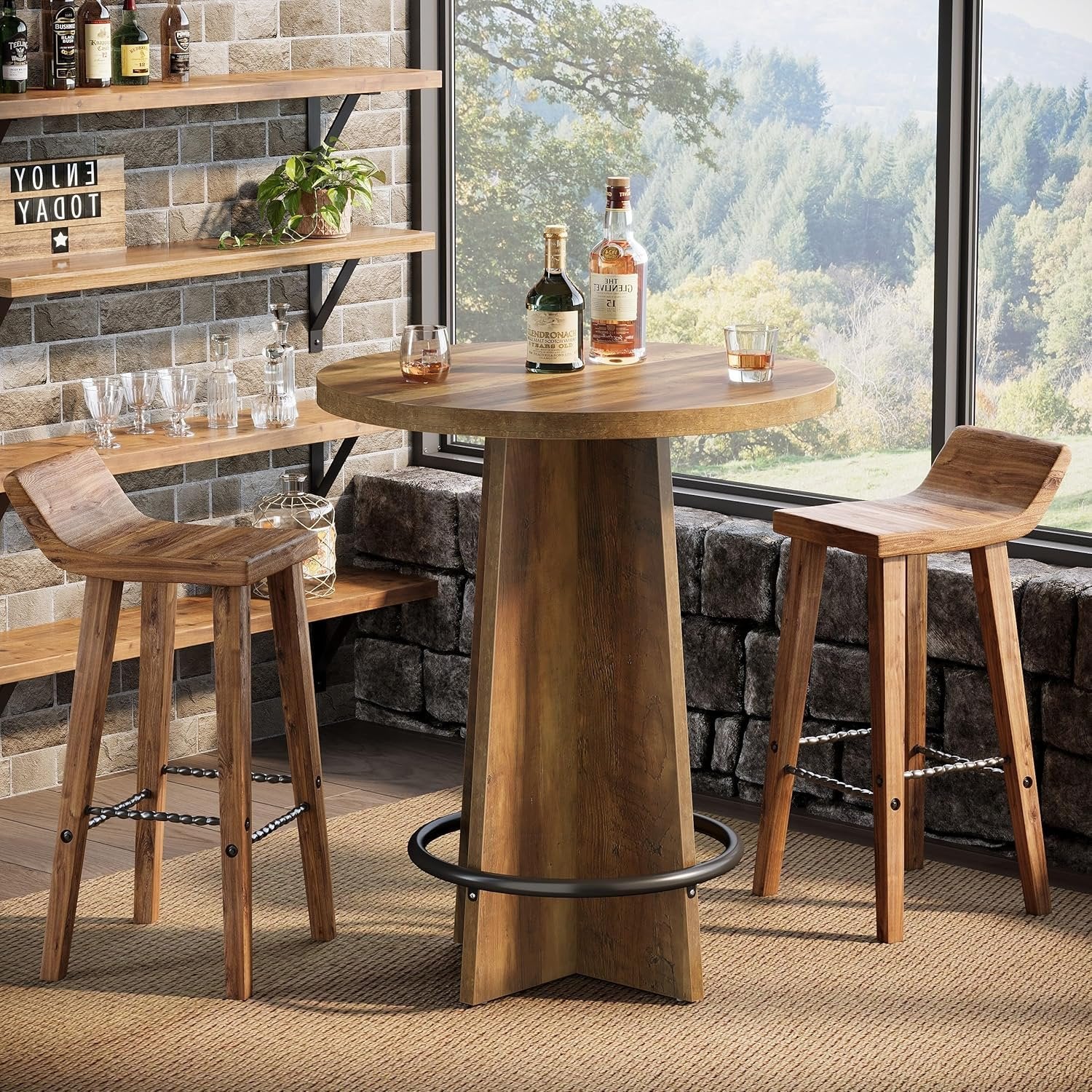 37.4" Bar Table, Wooden Bistro Pub Table with Metal Ring Footrest