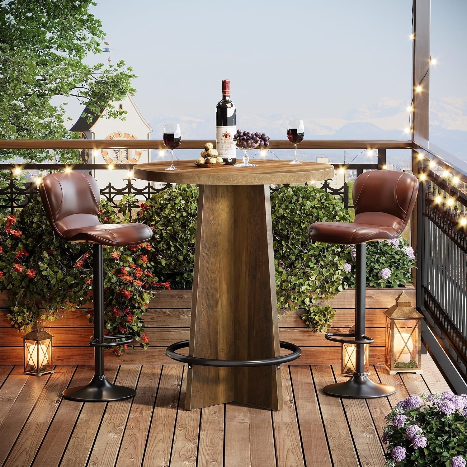 37.4" Bar Table, Wooden Bistro Pub Table with Metal Ring Footrest