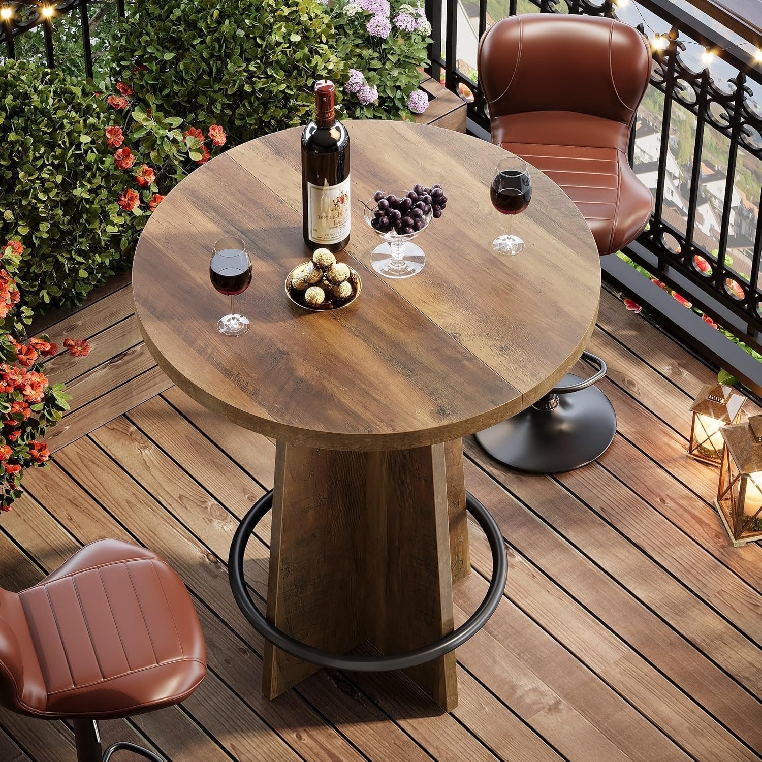 37.4" Bar Table, Wooden Bistro Pub Table with Metal Ring Footrest