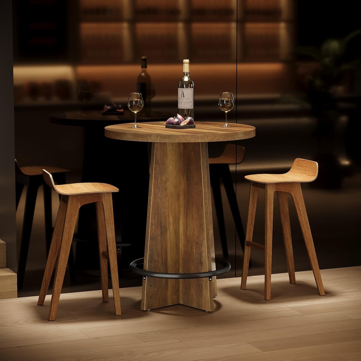 37.4" Bar Table, Wooden Bistro Pub Table with Metal Ring Footrest