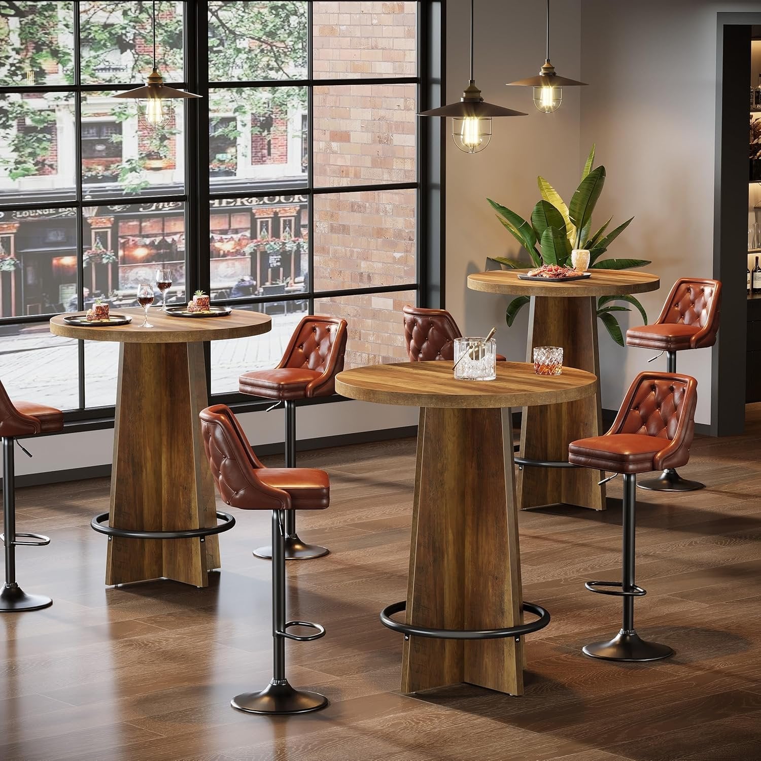 37.4" Bar Table, Wooden Bistro Pub Table with Metal Ring Footrest