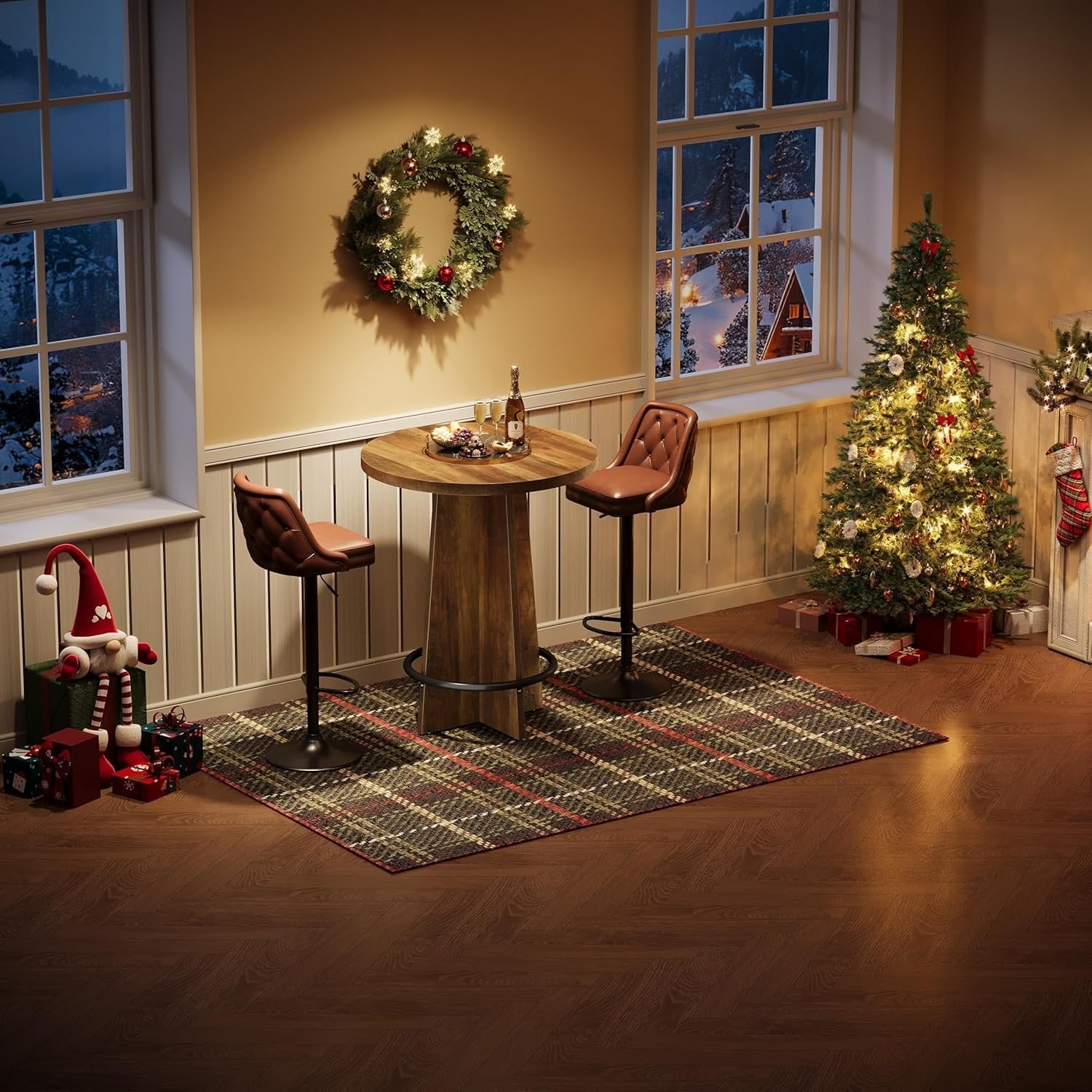 37.4" Bar Table, Wooden Bistro Pub Table with Metal Ring Footrest