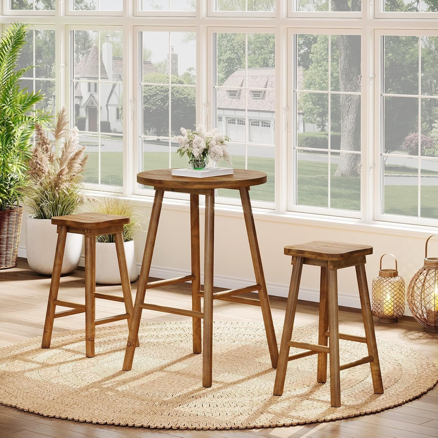 37.4" Round Bar Table, Solid Wood Bistro Sets Pub Table with 2 Barstools