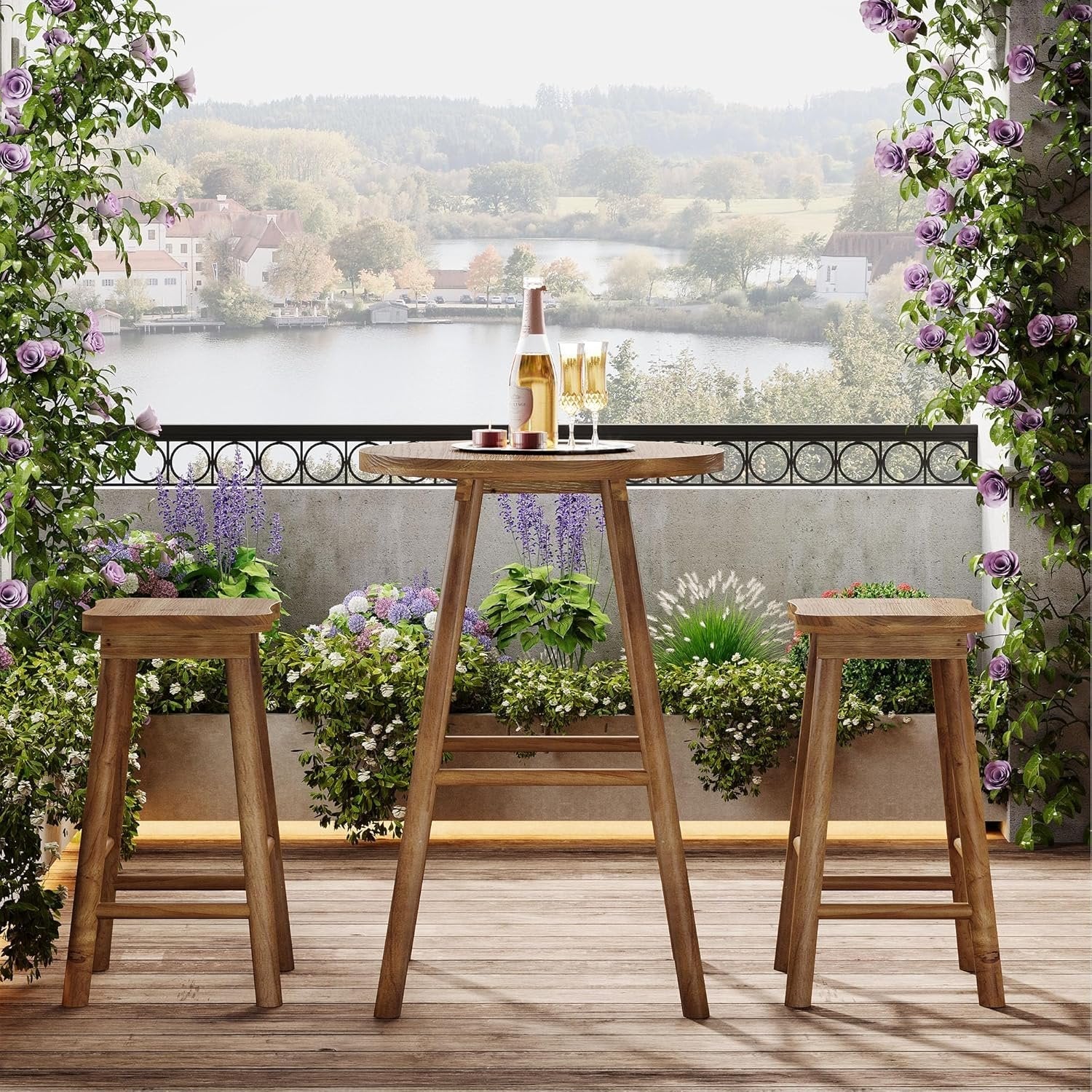 37.4" Round Bar Table, Solid Wood Bistro Sets Pub Table with 2 Barstools