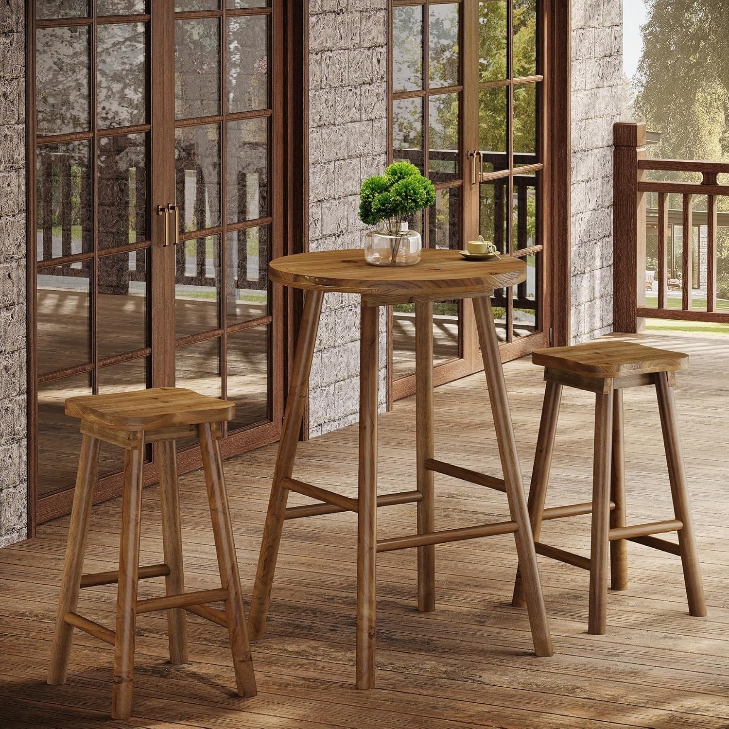 37.4" Round Bar Table, Solid Wood Bistro Sets Pub Table with 2 Barstools