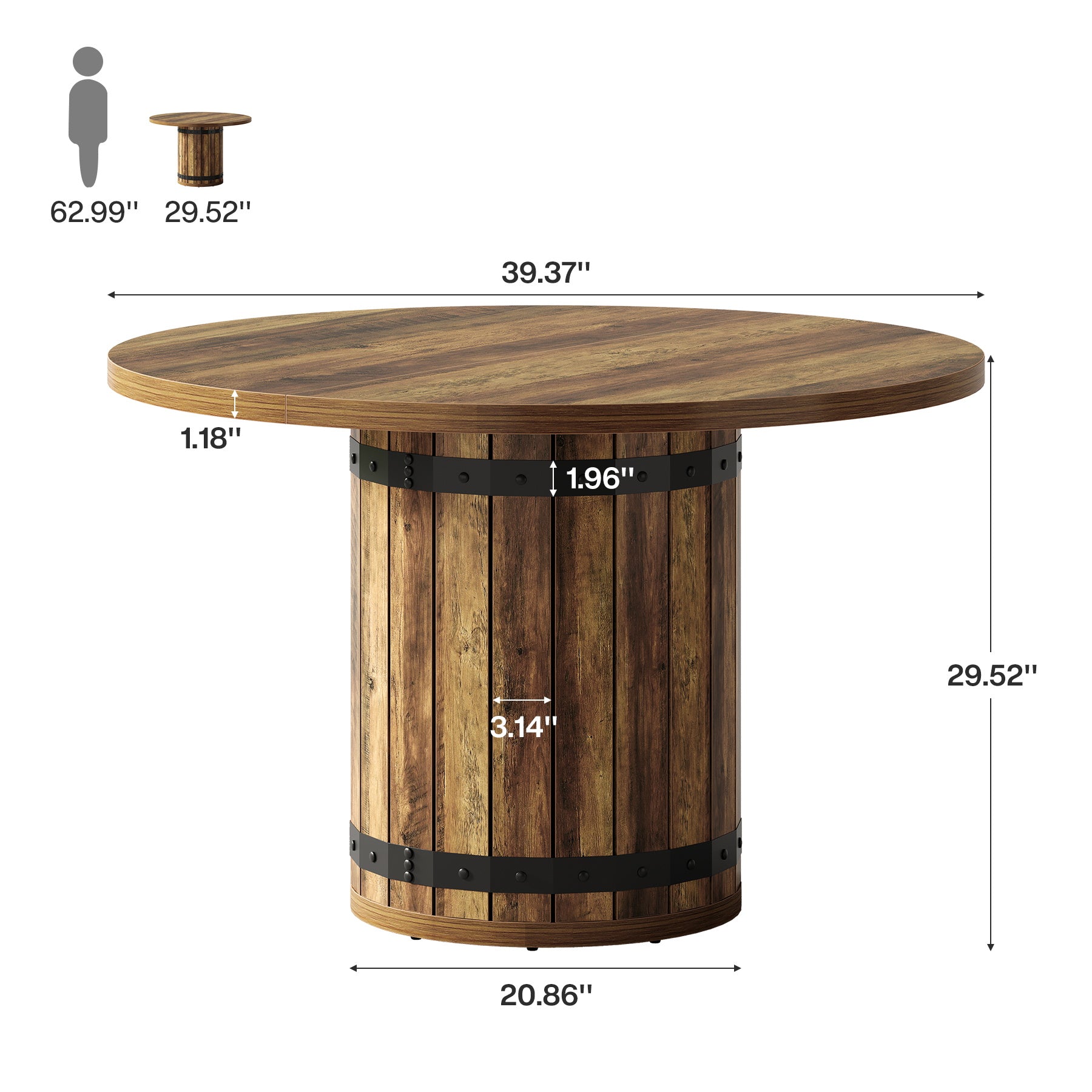 39.37" Dining Table, Round Kitchen Table with Fence Pedestal Base for 4 People
