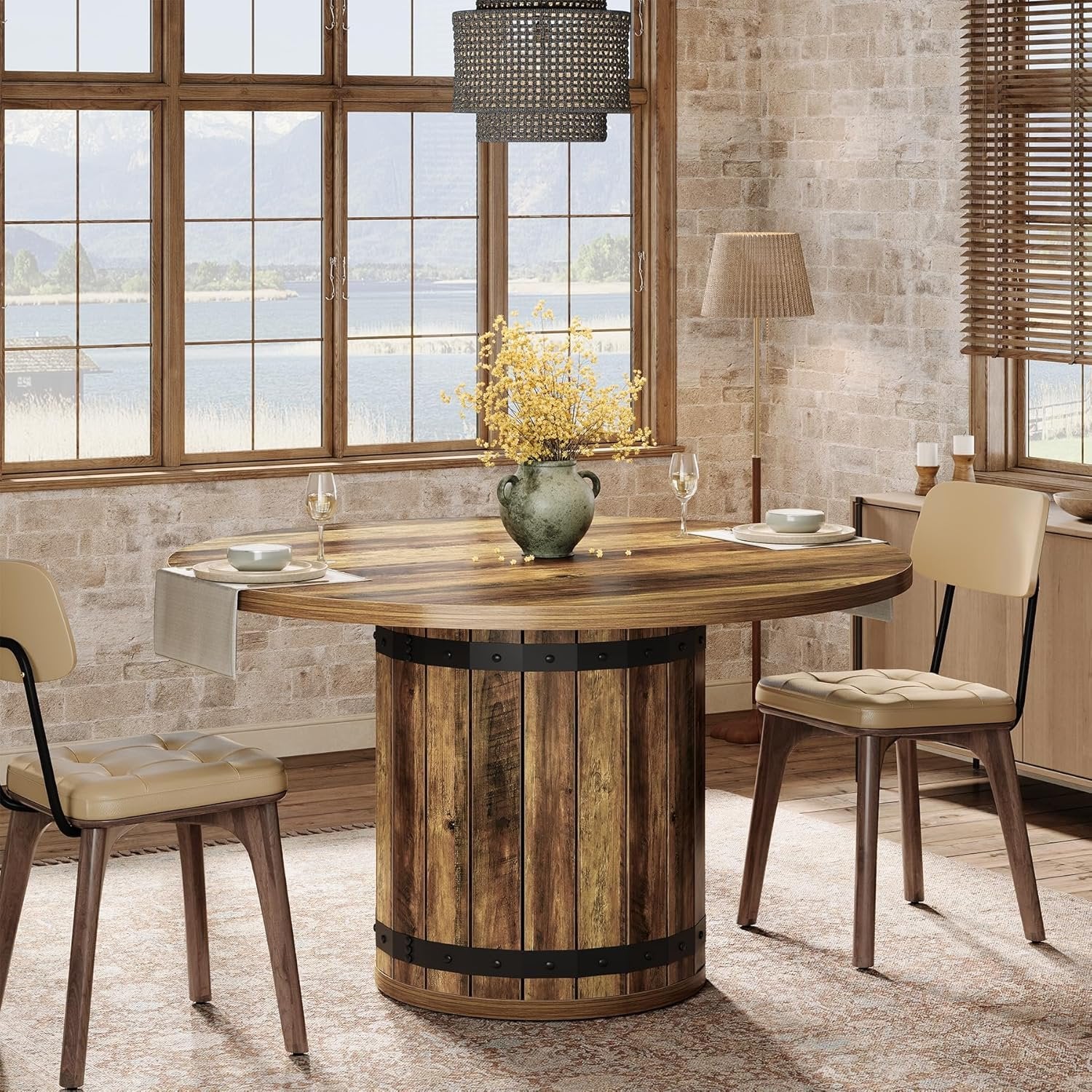39.37" Dining Table, Round Kitchen Table with Fence Pedestal Base for 4 People