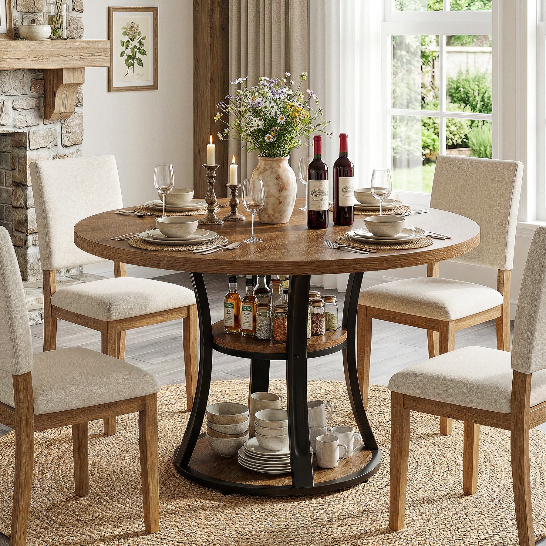 39.37" Round Dining Table, Farmhouse Kitchen Table with Storage for 4 People