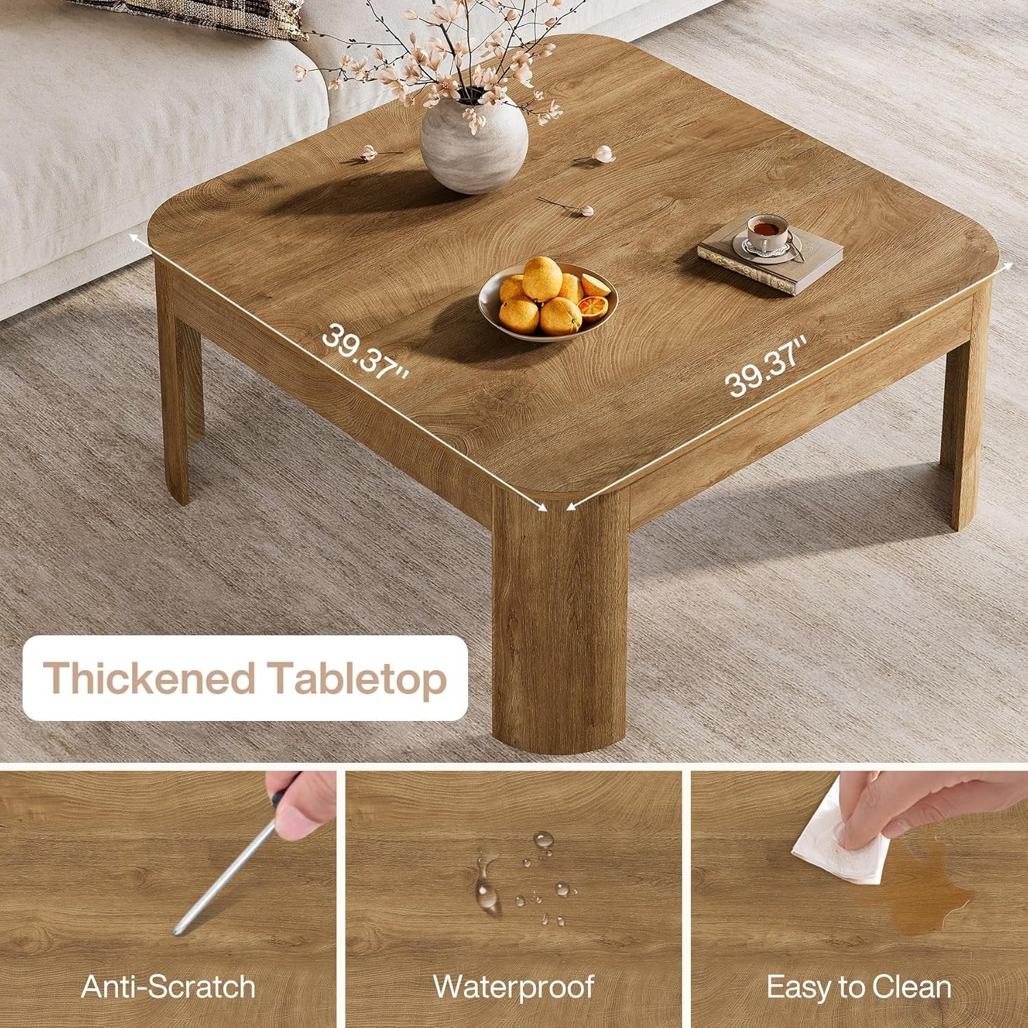 39.3" Square Coffee Table, Farmhouse Center Table Cocktail Tea Accent Table