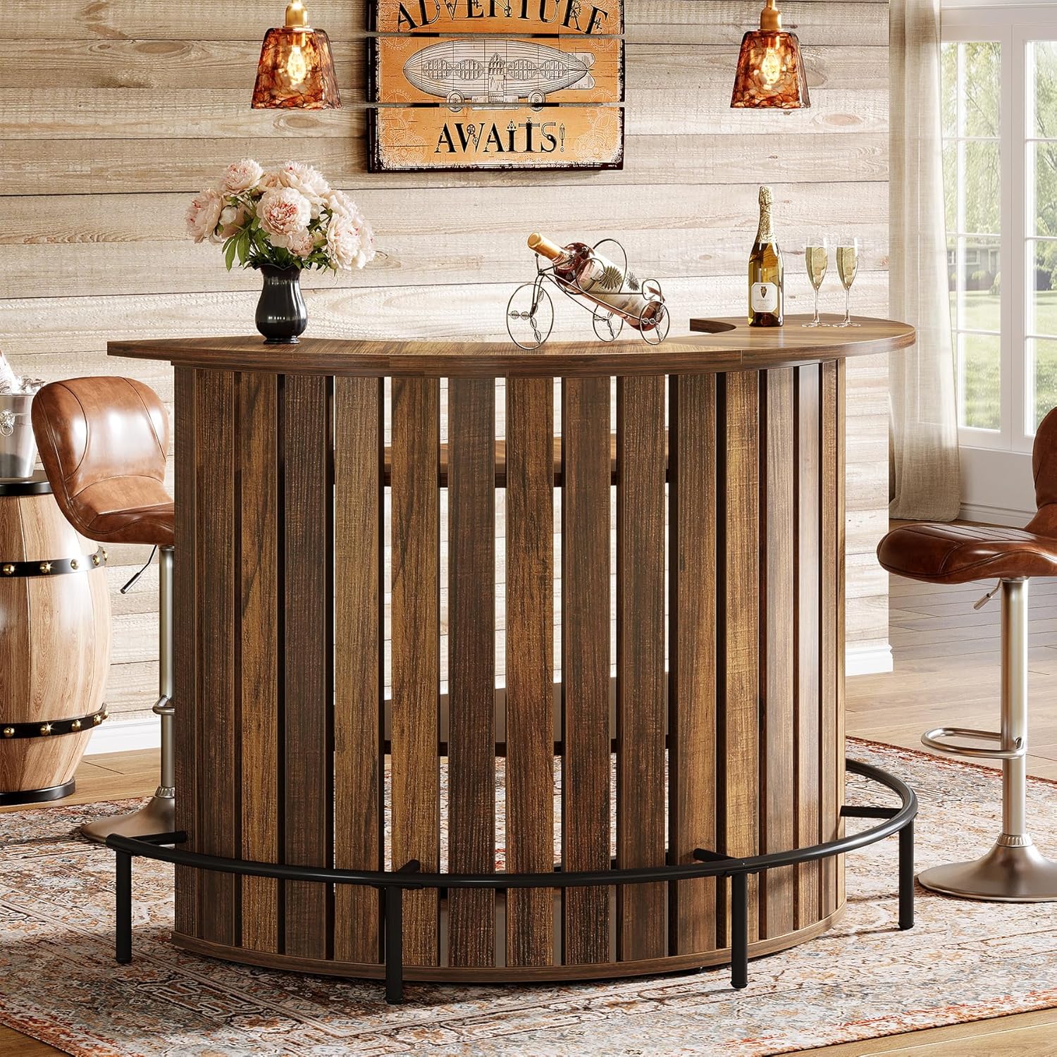 39.4" Bar Table, 4-Tier Arc-Shaped Wine Bar Cabinet with Footrest for Home Pub