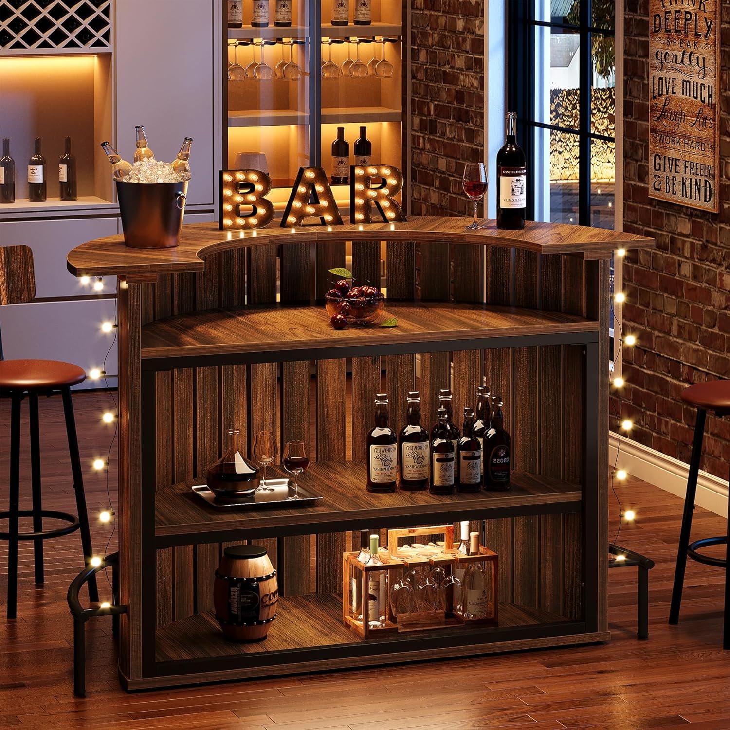 39.4" Bar Table, 4-Tier Arc-Shaped Wine Bar Cabinet with Footrest for Home Pub