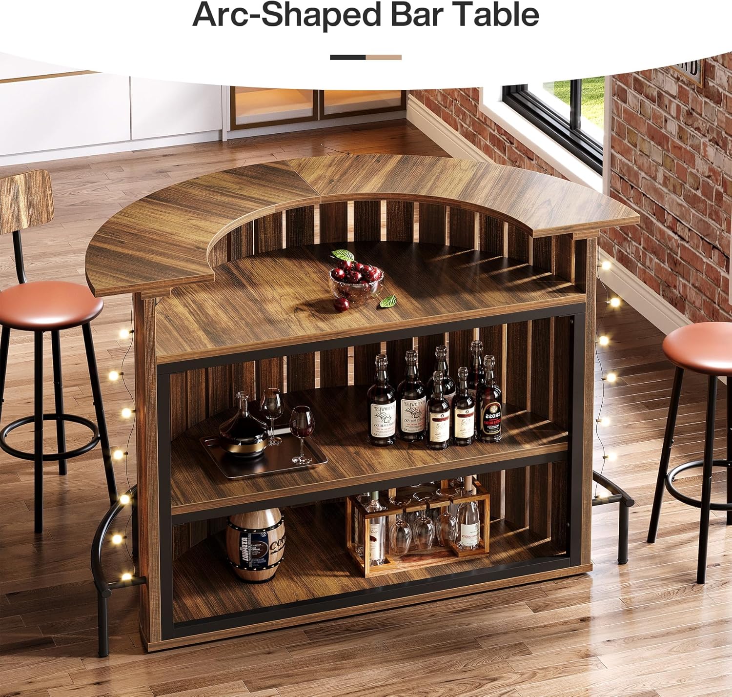 39.4" Bar Table, 4-Tier Arc-Shaped Wine Bar Cabinet with Footrest for Home Pub