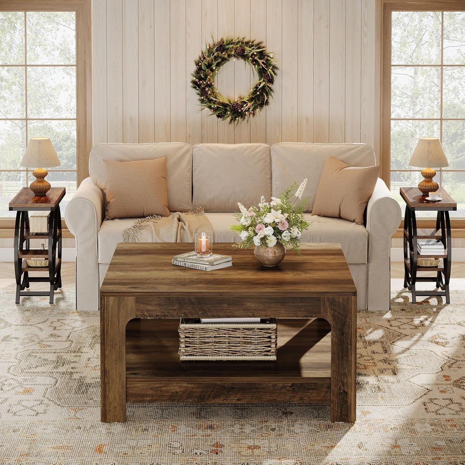 39.4" Square Coffee Table, Wooden Center Tea Accent Table with 2-Tier Storage