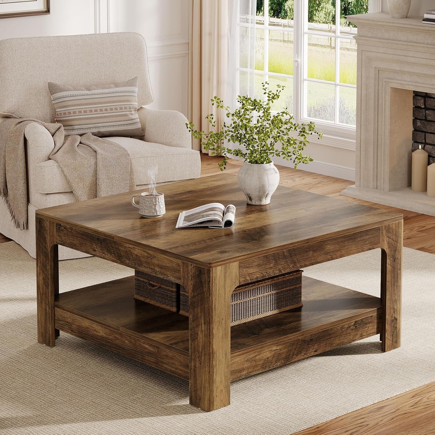 39.4" Square Coffee Table, Wooden Center Tea Accent Table with 2-Tier Storage