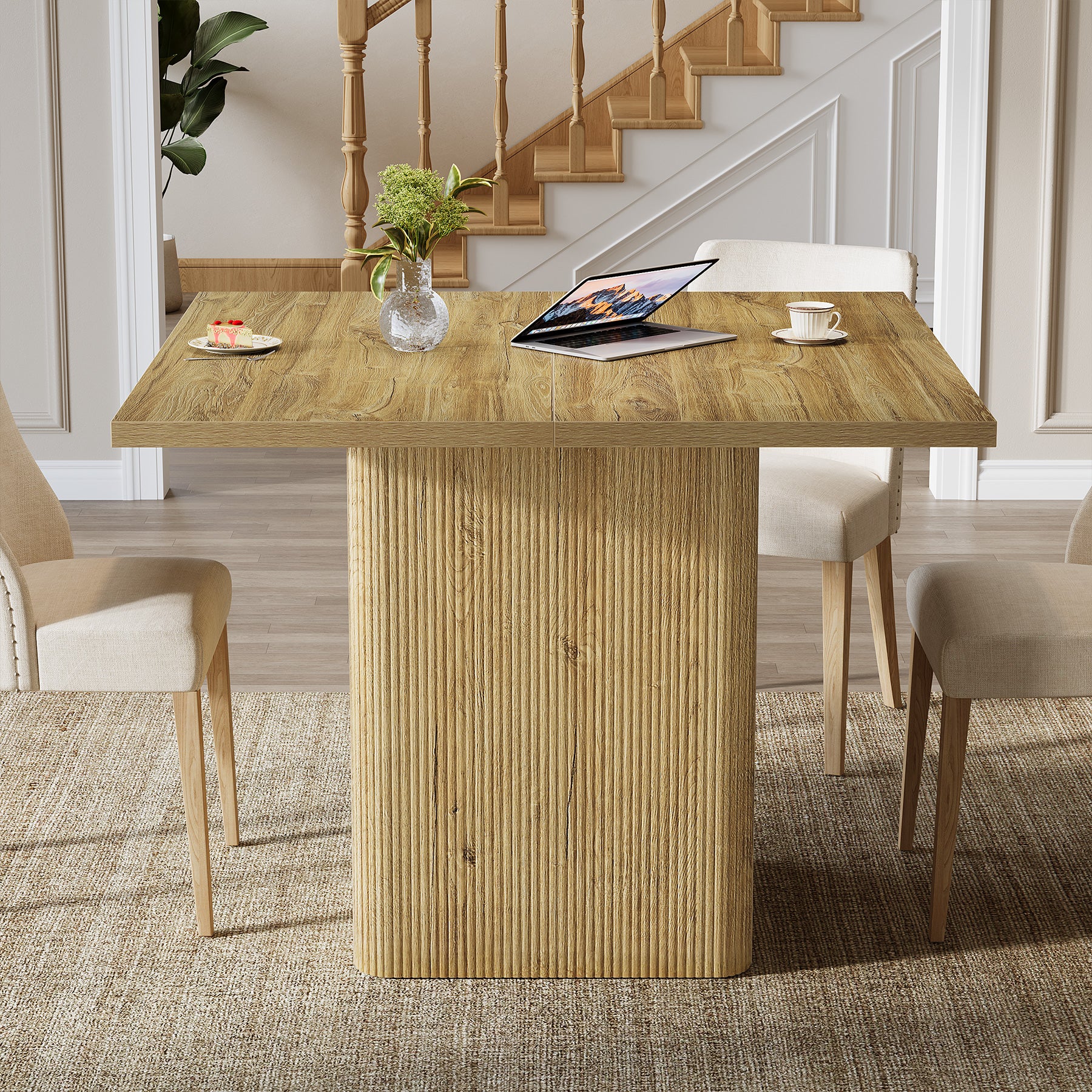 39" Dining Table, Square Fluted Kitchen Table with Sturdy Pedestal for 4