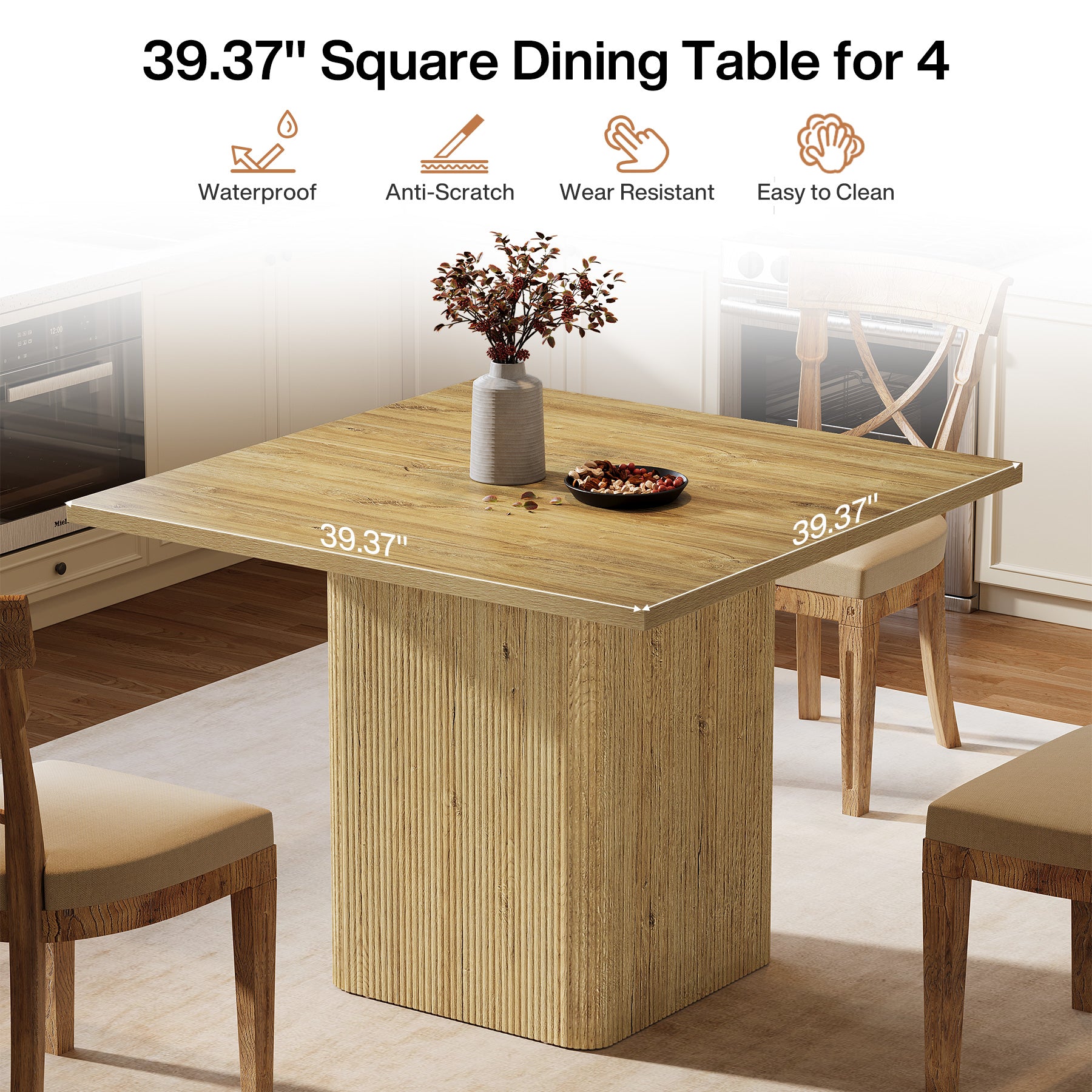 39" Dining Table, Square Fluted Kitchen Table with Sturdy Pedestal for 4