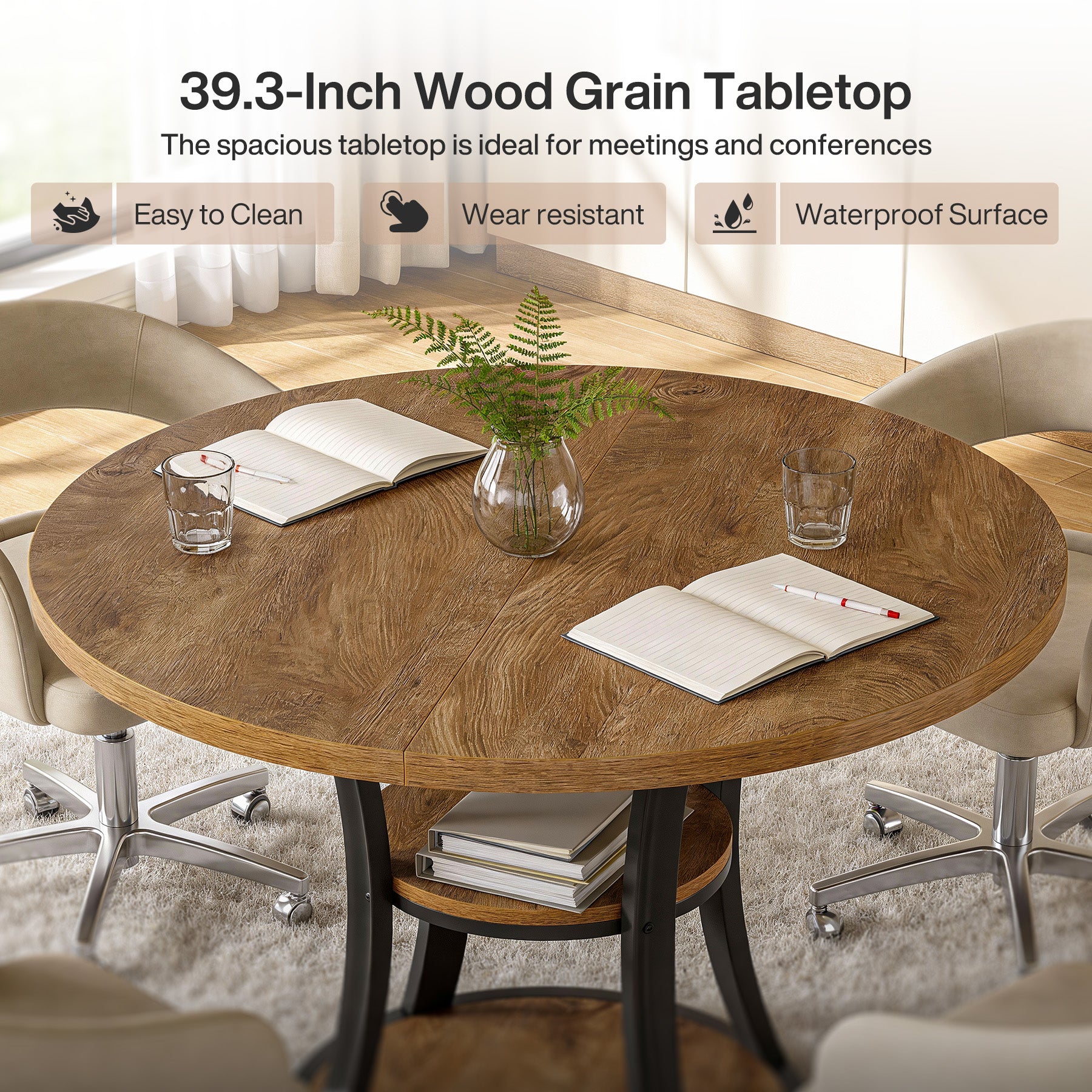 39" Small Conference Table, Modern Round Meeting Room Table for 2-4 People