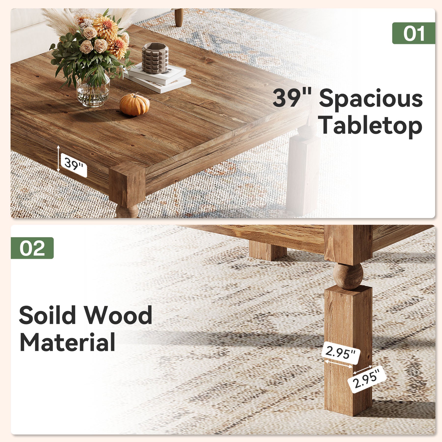 39" Square Coffee Table, Farmhouse Wood Accent Center Table with Sturdy Legs