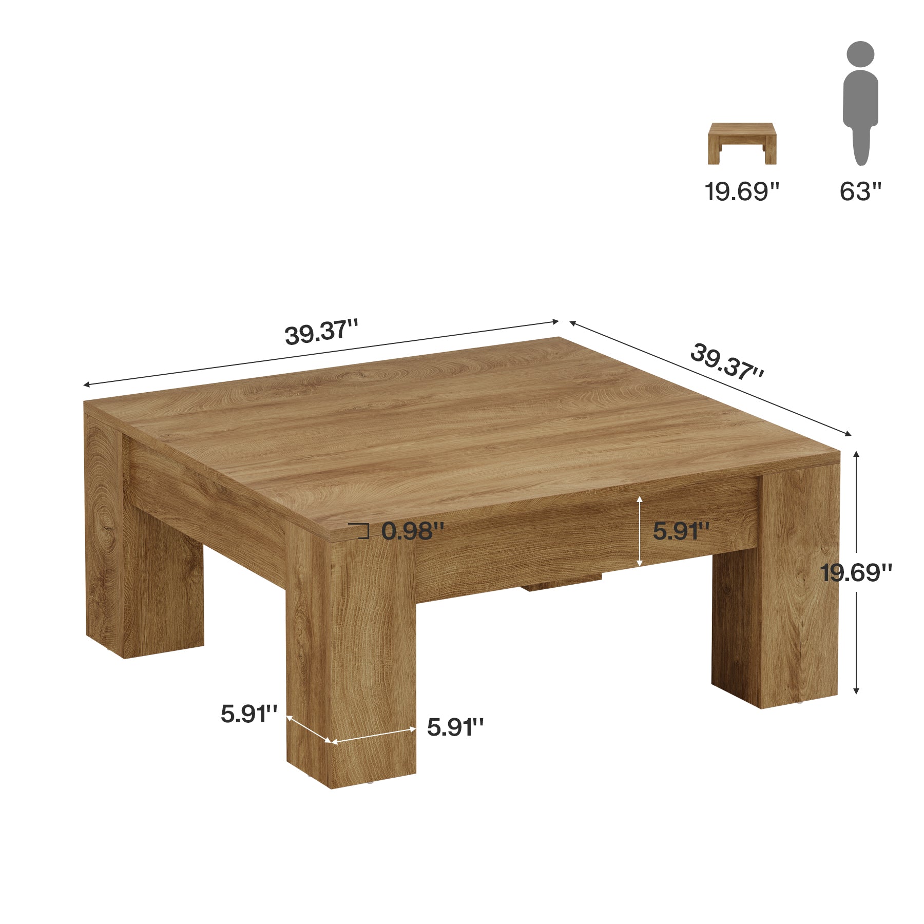 Wooden coffee table with dimensions labeled on a white background