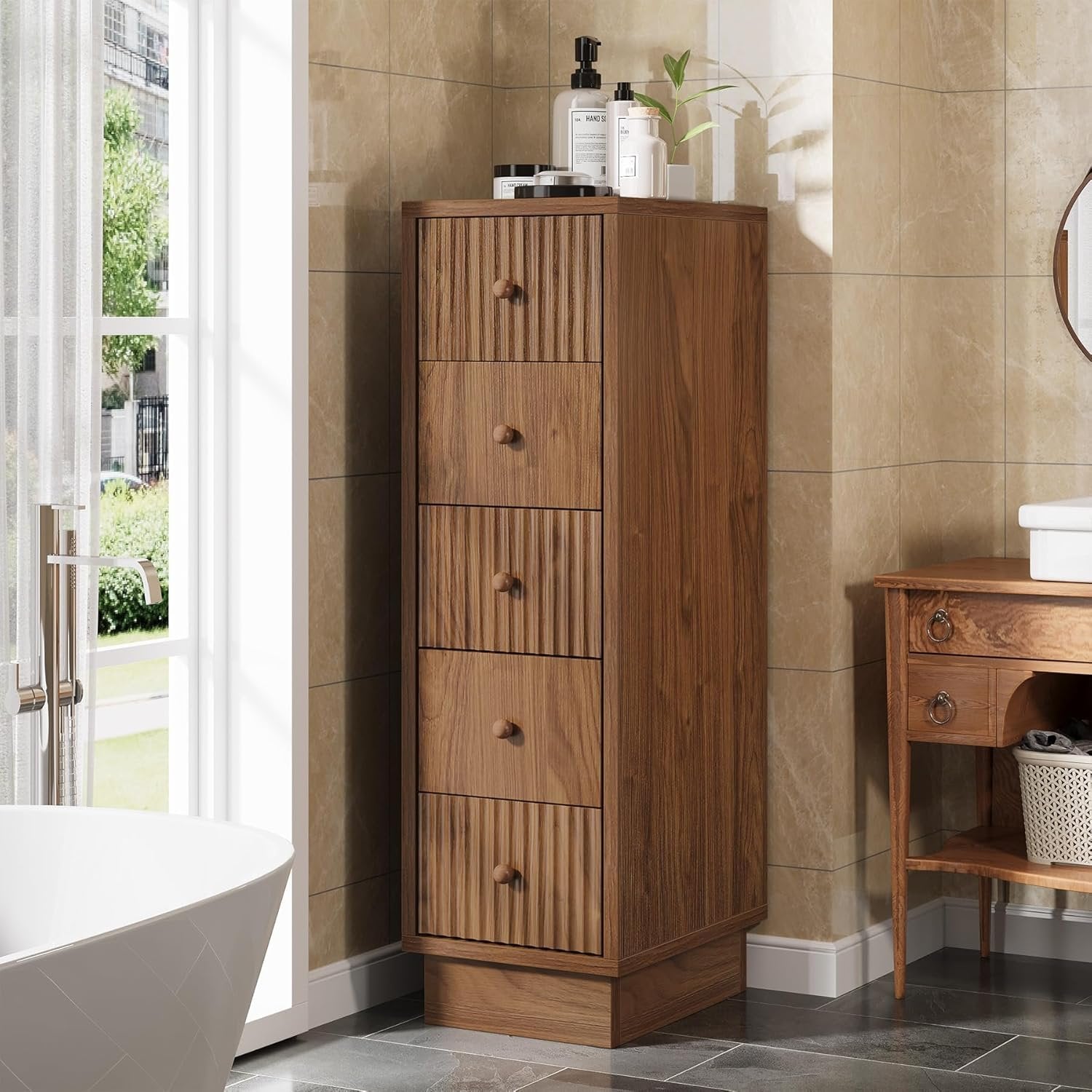 39" Wooden Bathroom Floor Cabinet, Tall Narrow Storage Cabinet with 5 Drawers