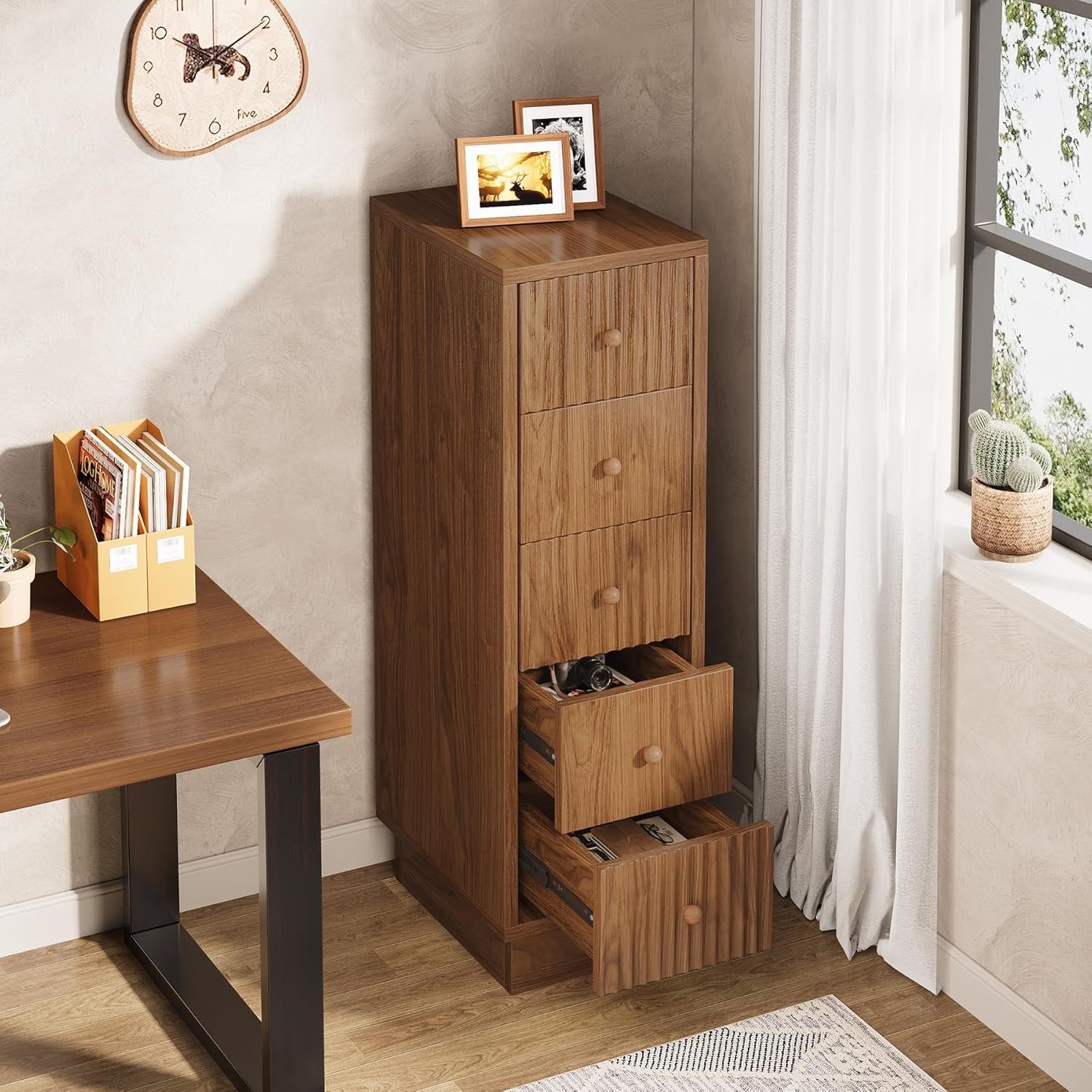 39" Wooden Bathroom Floor Cabinet, Tall Narrow Storage Cabinet with 5 Drawers