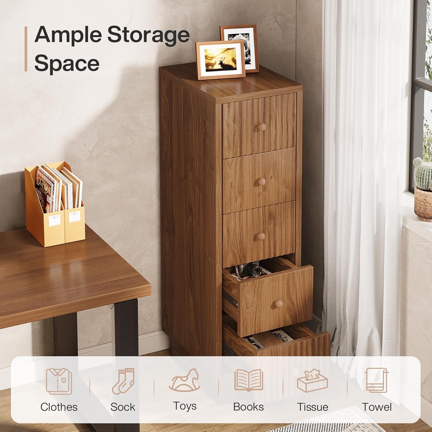 39" Wooden Bathroom Floor Cabinet, Tall Narrow Storage Cabinet with 5 Drawers