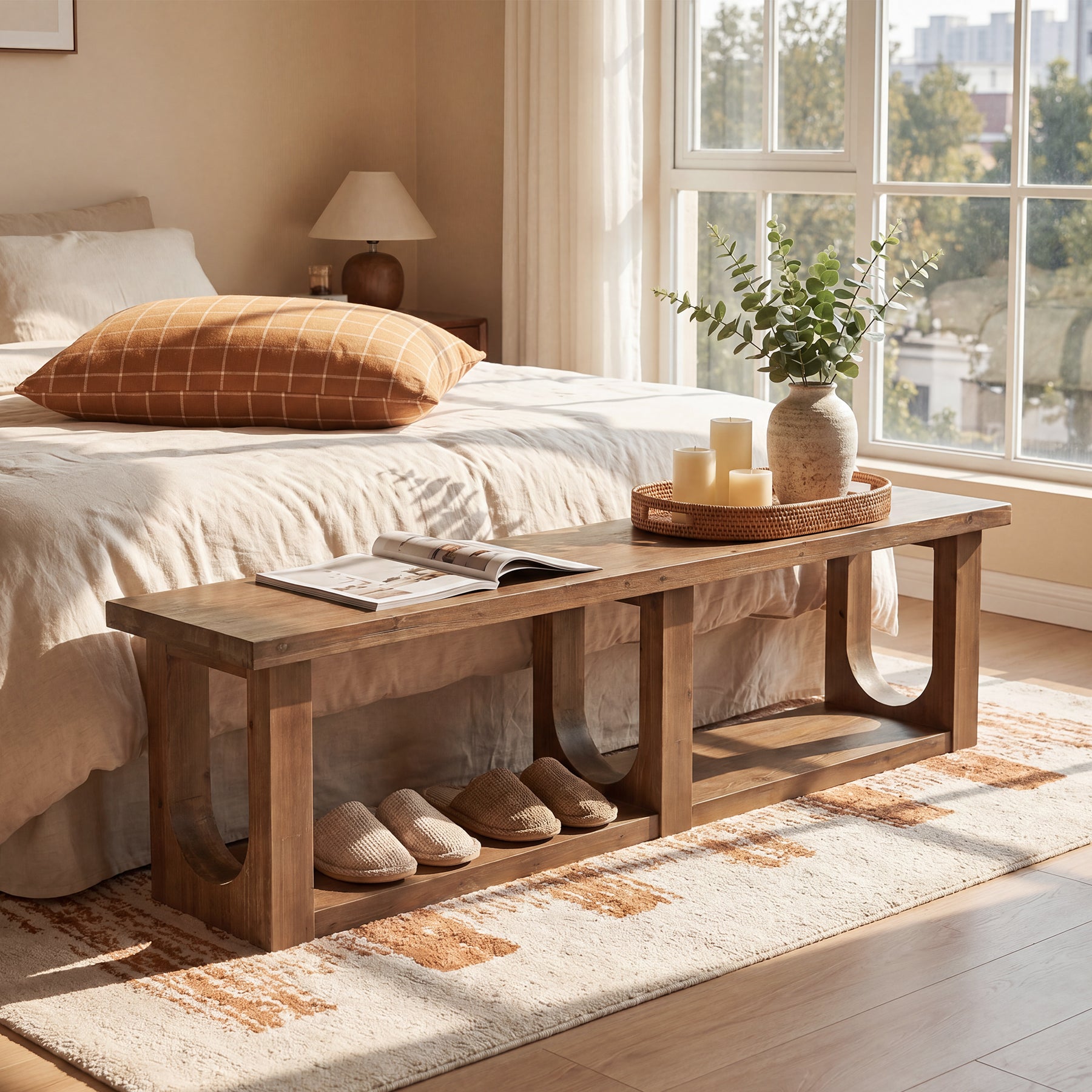 70.9" Solid Wood Entryway Bench, Farmhouse Shoe Bench with 2-Tier Storage for Hallway