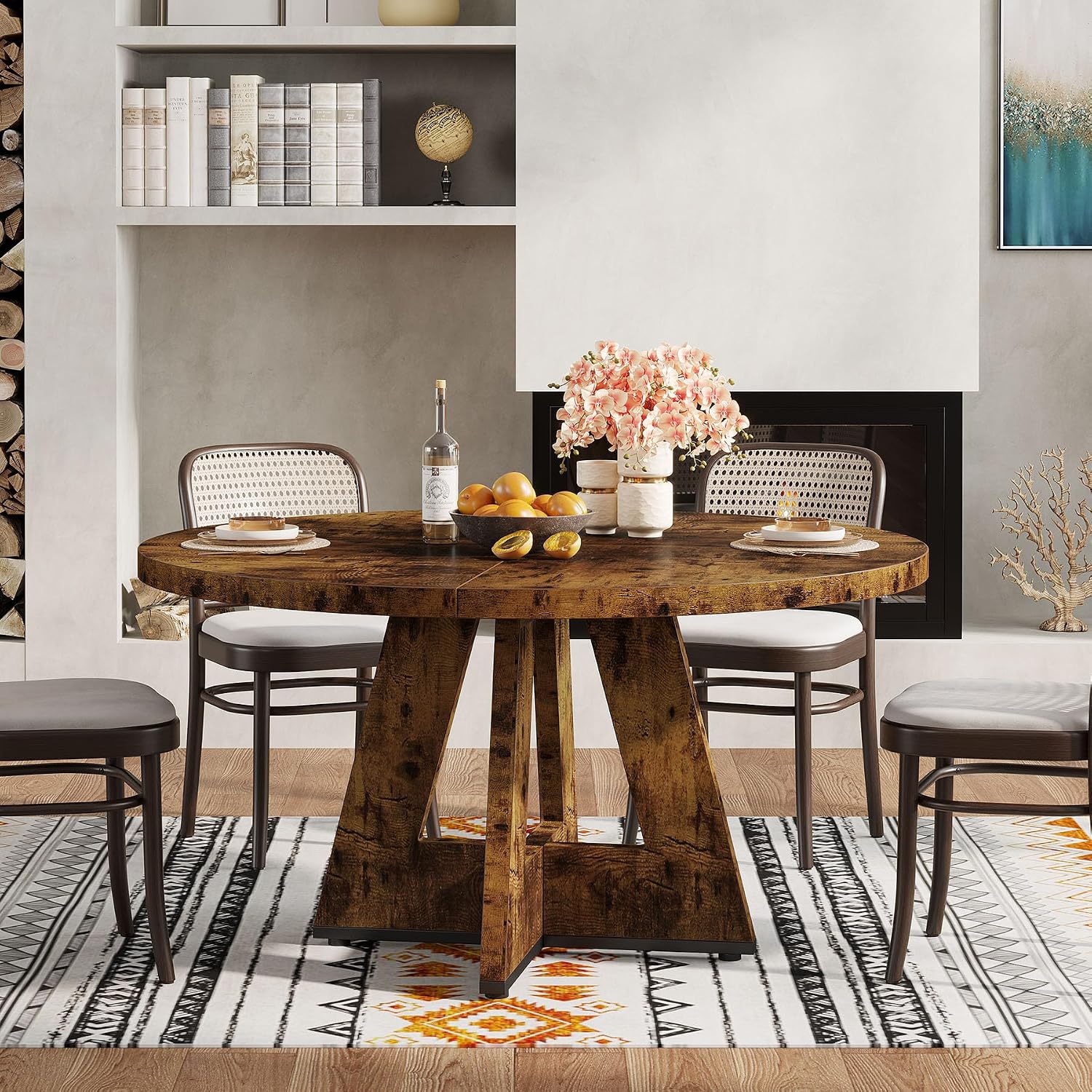 47-Inch Round Farmhouse Dining Table for 4–6 with Cross-Style Pedestal Base