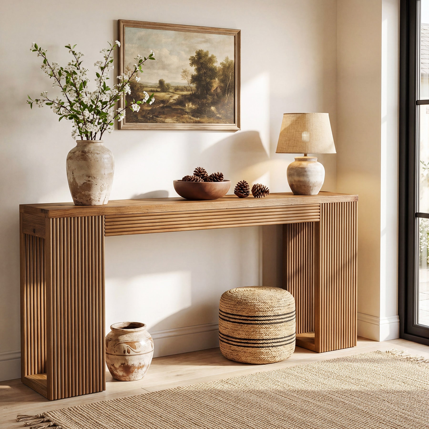 63" Solid Wood Farmhouse Console Table, Narrow Entryway Sofa Table with Fluted Legs