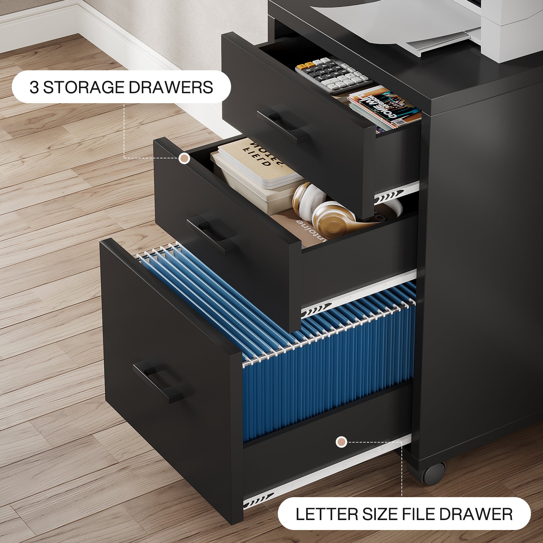3-Drawer File Cabinet, Modern Rolling Printer Stand for Home Office