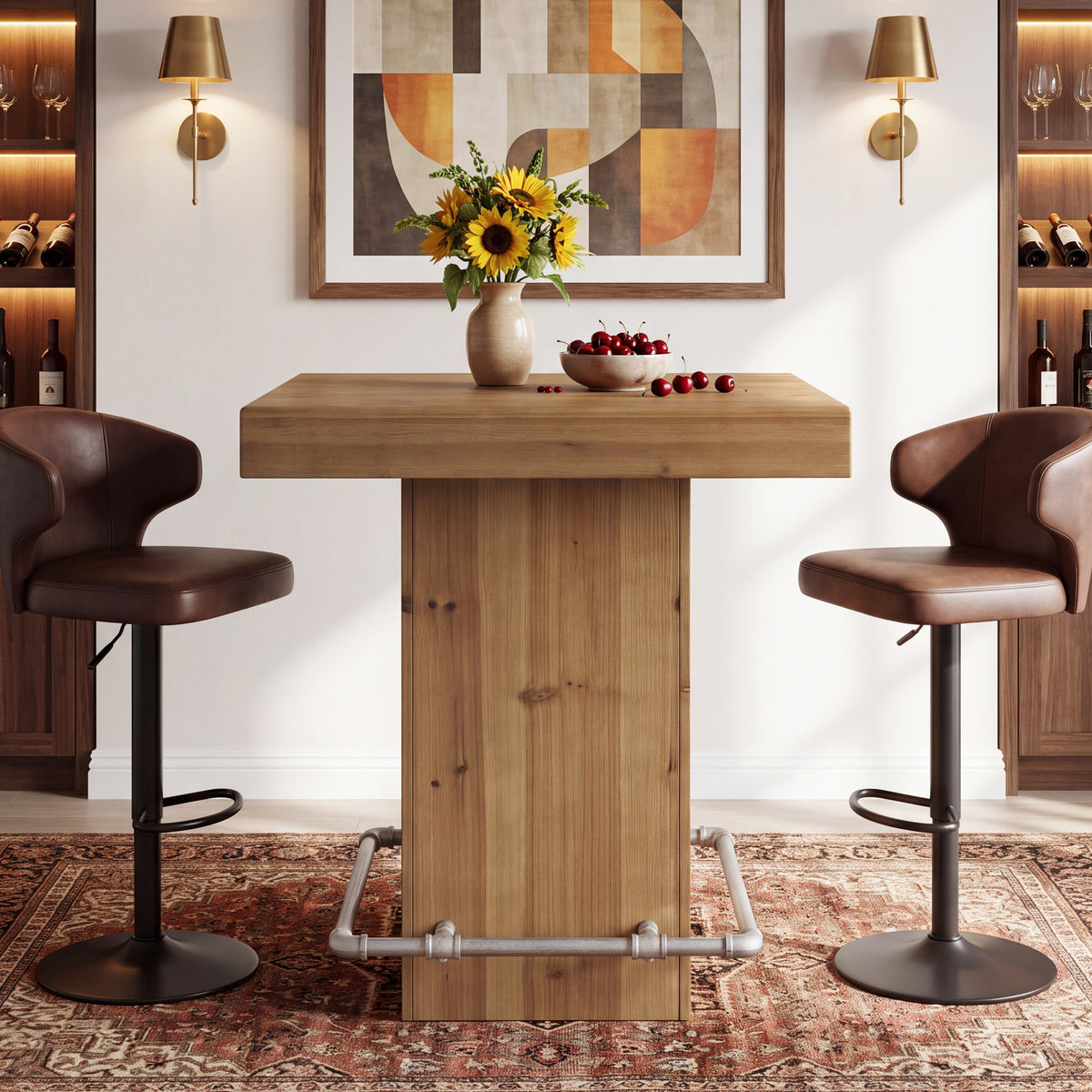 31.5" Square Solid Wood Bar Table, Industrial Counter Height Table with Metal Footrest