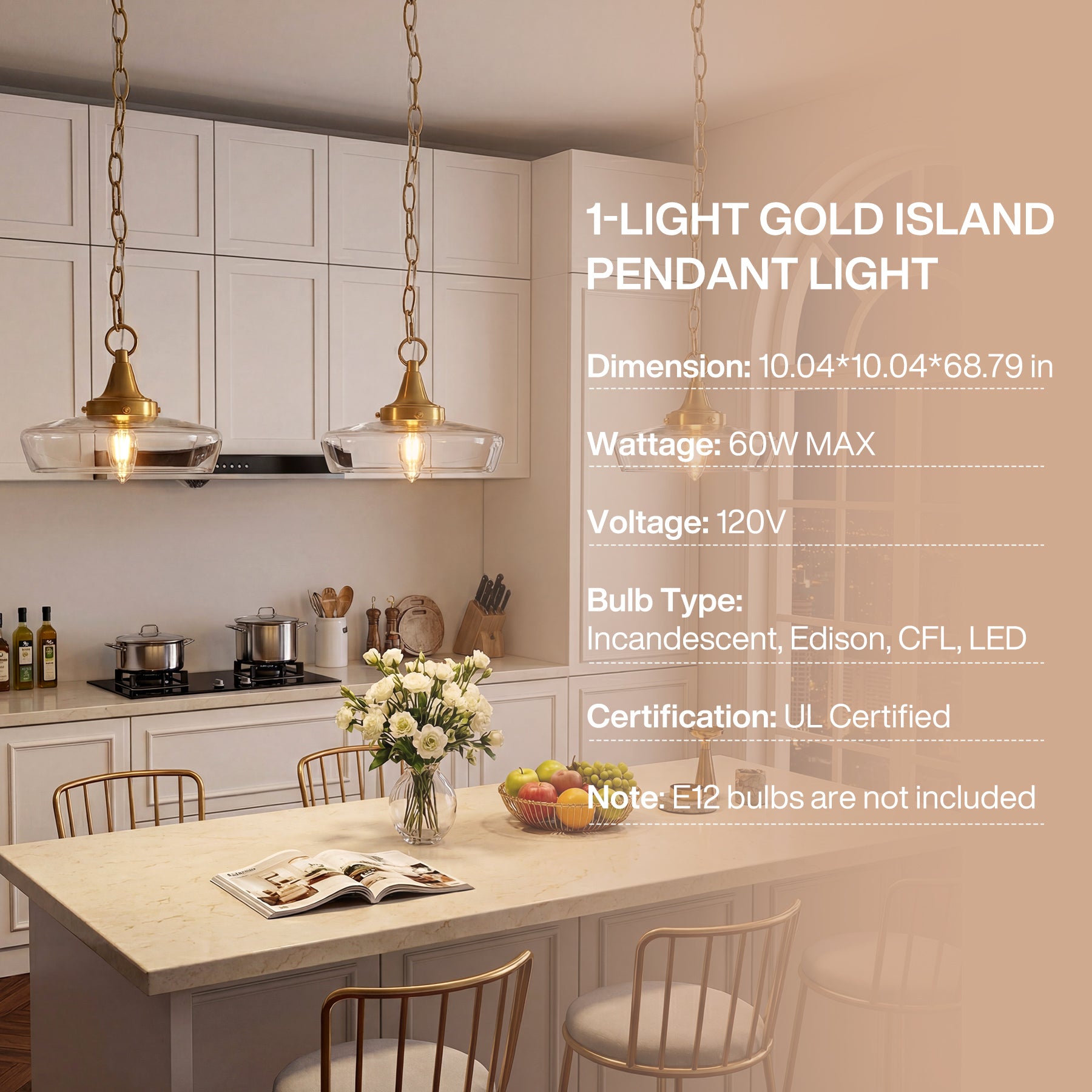 Elegant Light Fixture, 1-Light Glass Shade Pendant Light for Dining Room