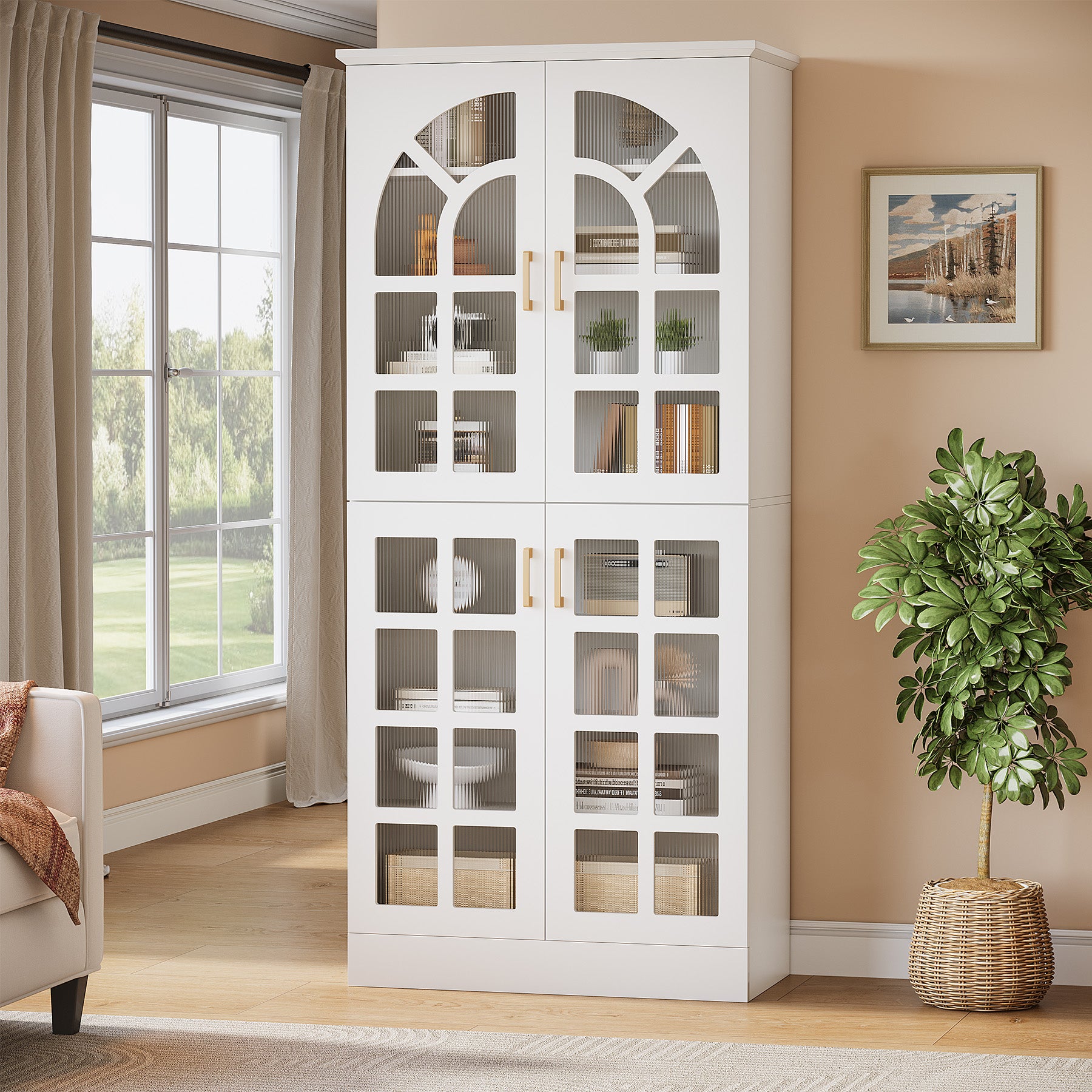 69" Storage Cabinet, Modern Bookcase with Doors and LED Lights