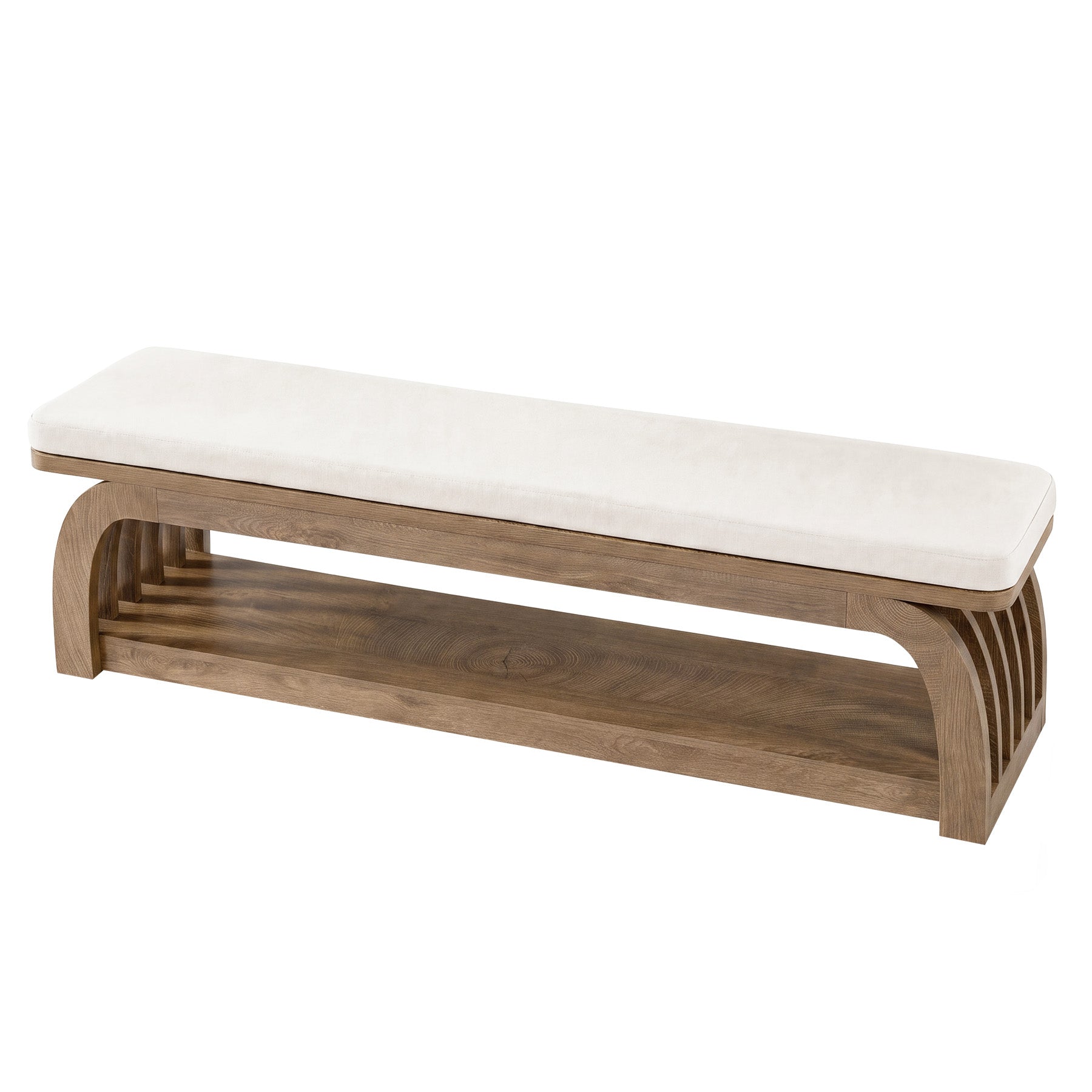 55" Upholstered Dining Bench, 2-Tier Farmhouse Kitchen Bench with Unique Hollow Legs
