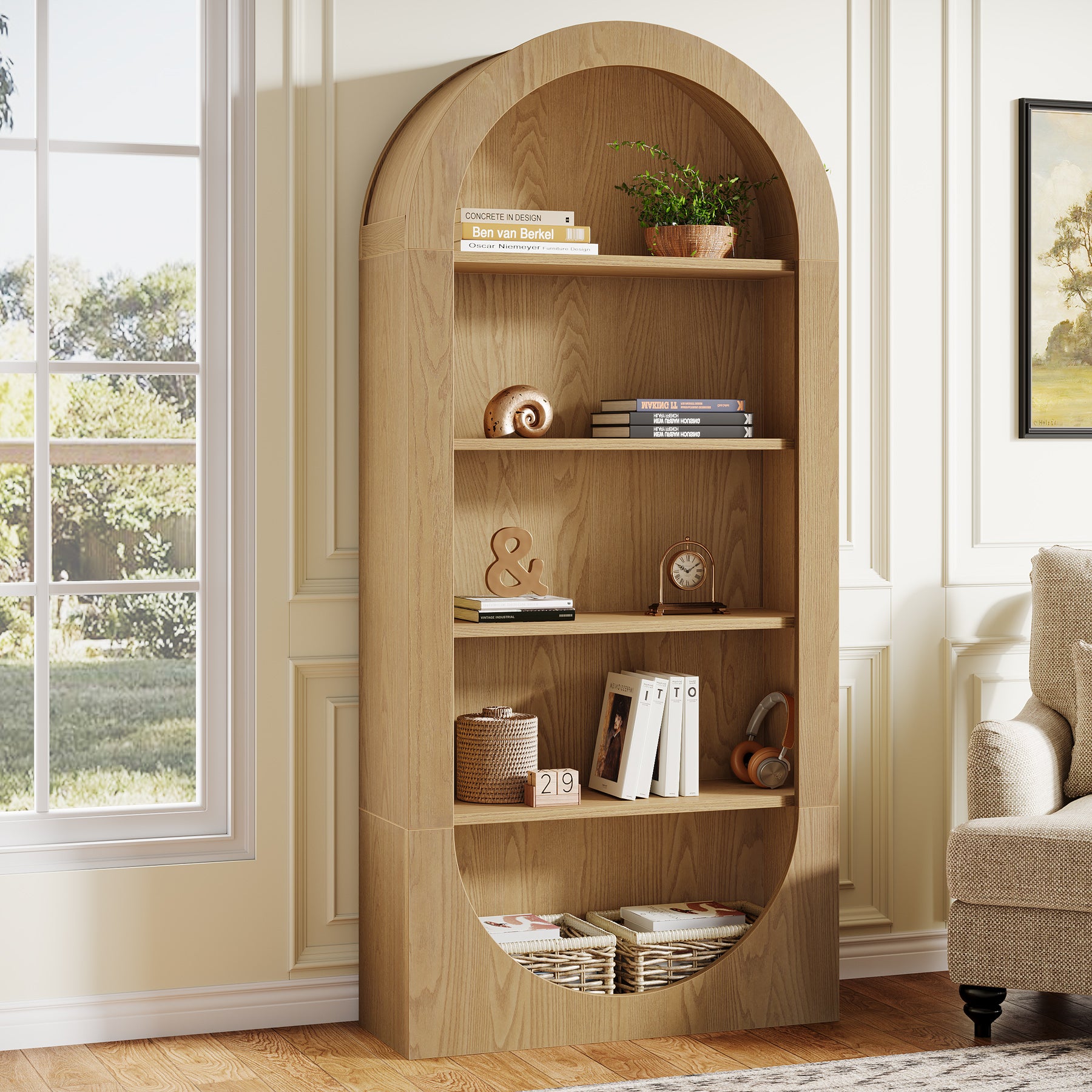 70.9" Bookshelf, 5-Tier Arched Bookcase with Open Display Shelves