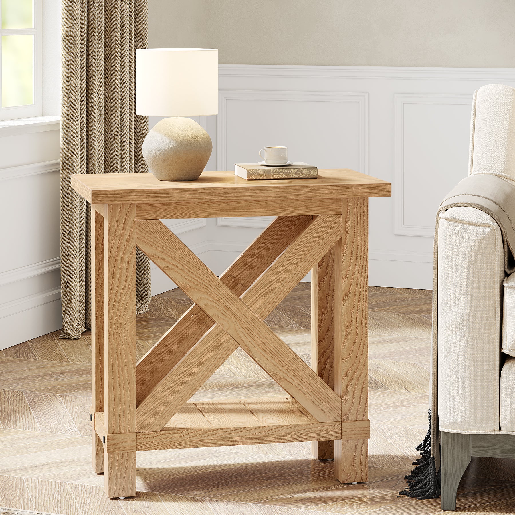 25" End Table, Farmhouse Bed Side Table with X Shape Frame