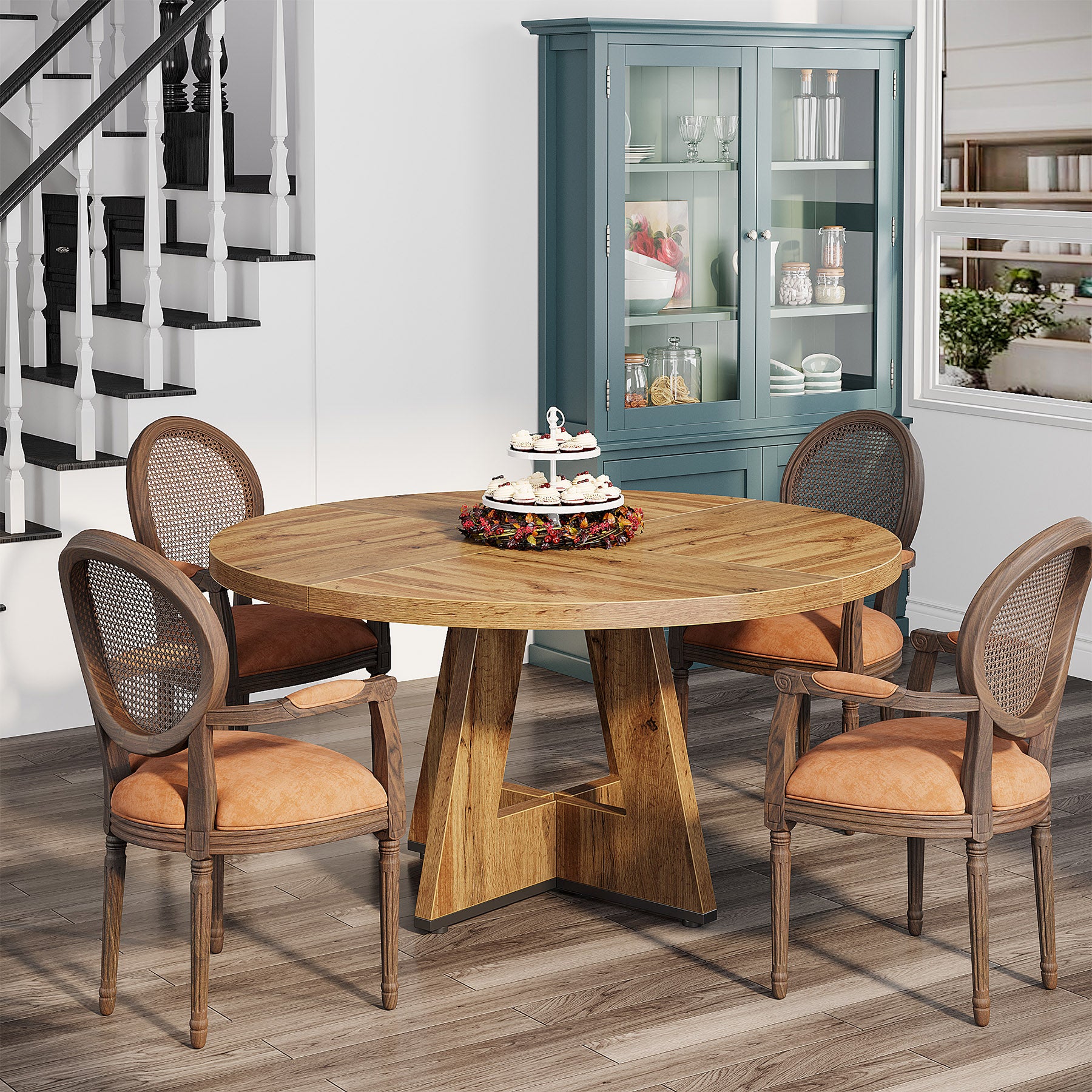 47" Round Farmhouse Dining Table for 4 People, Rustic Dining Room Table