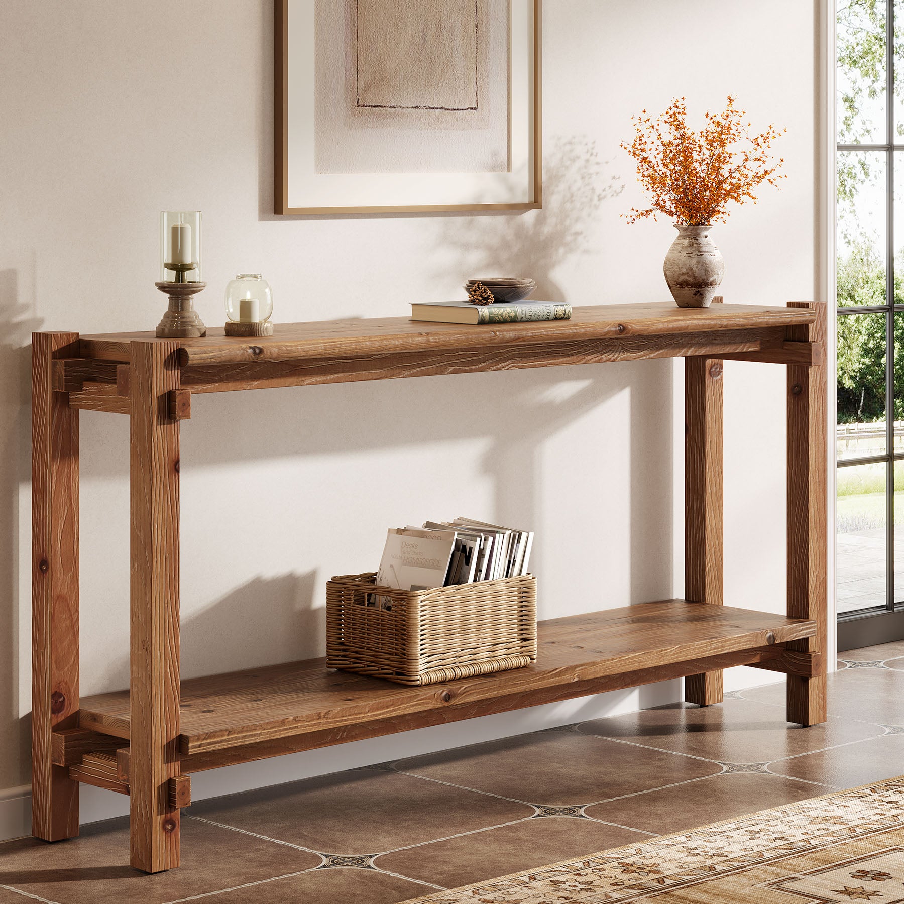 63" Solid Wood Console Table, 2-Tier Farmhouse Entryway Table with Storage