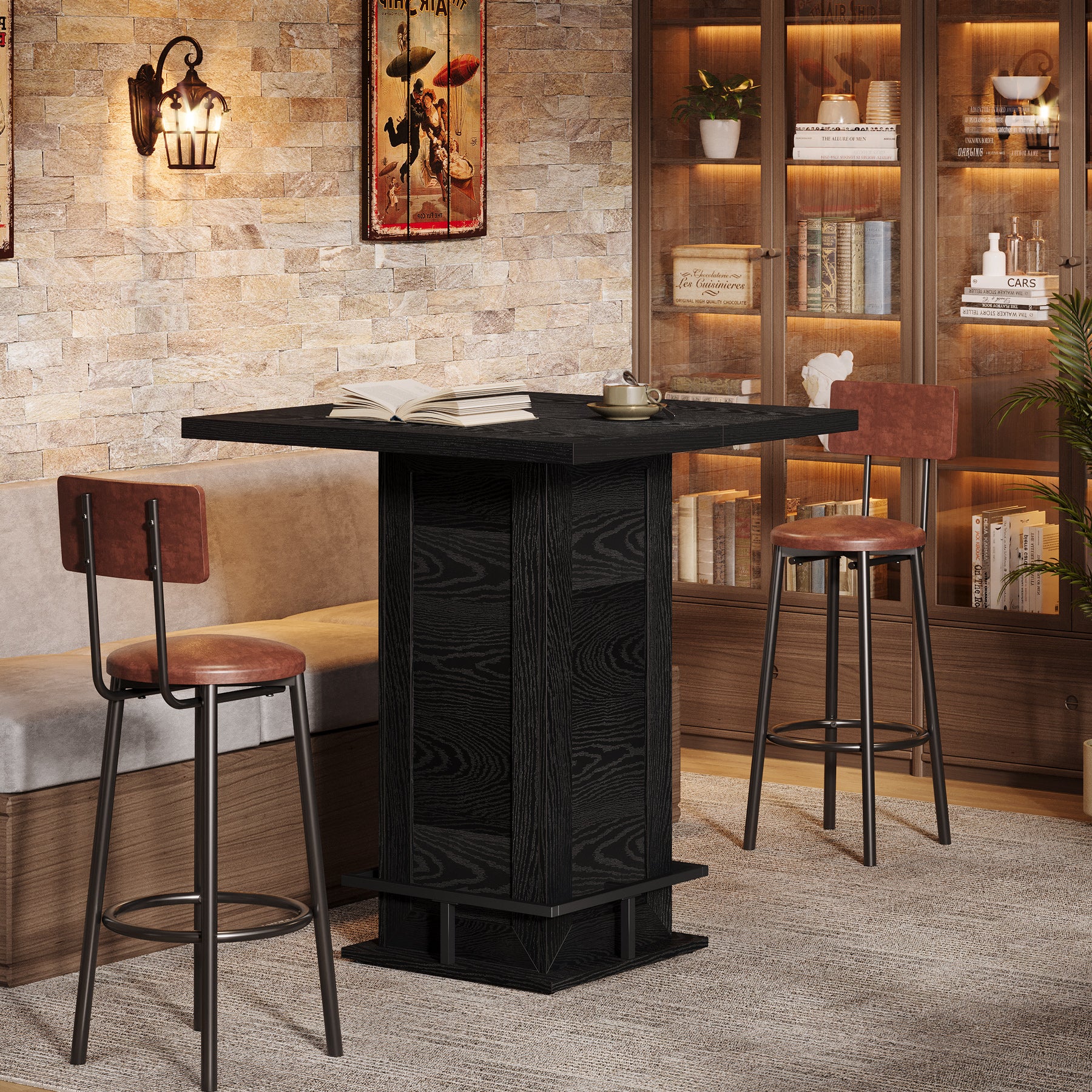 39" High Top Bar Table, Square Bistro Pub Cocktail Table