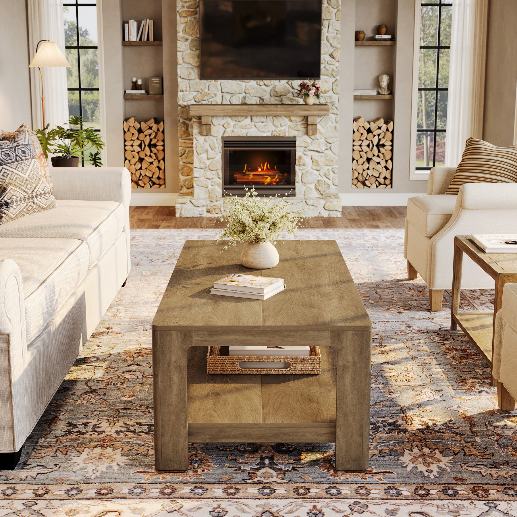 47.24" Rectangular Coffee Table with 2-Tier Storage