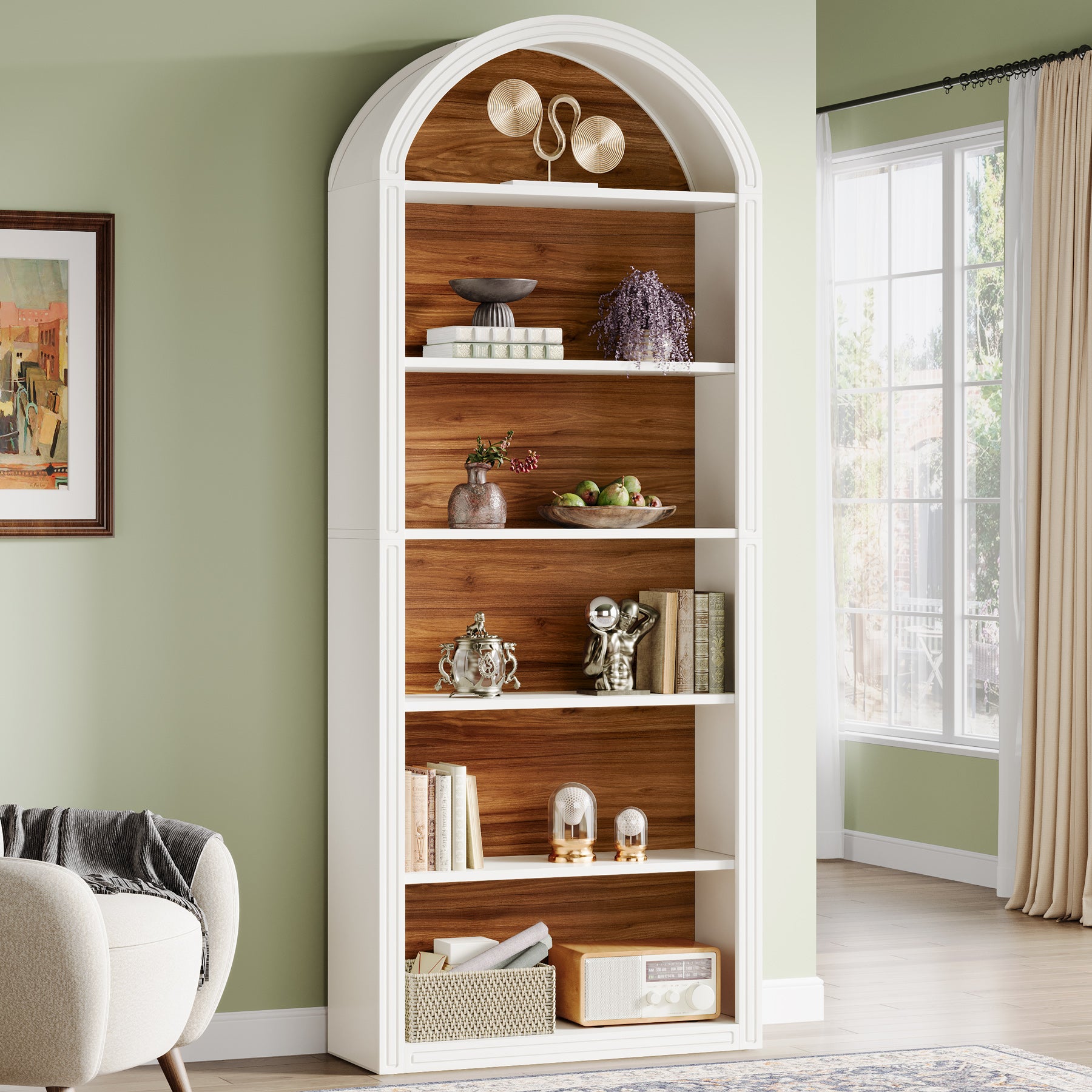 6/8-Tier Tall Bookshelf, Wooden Arched Bookcase Display Shelving Unit