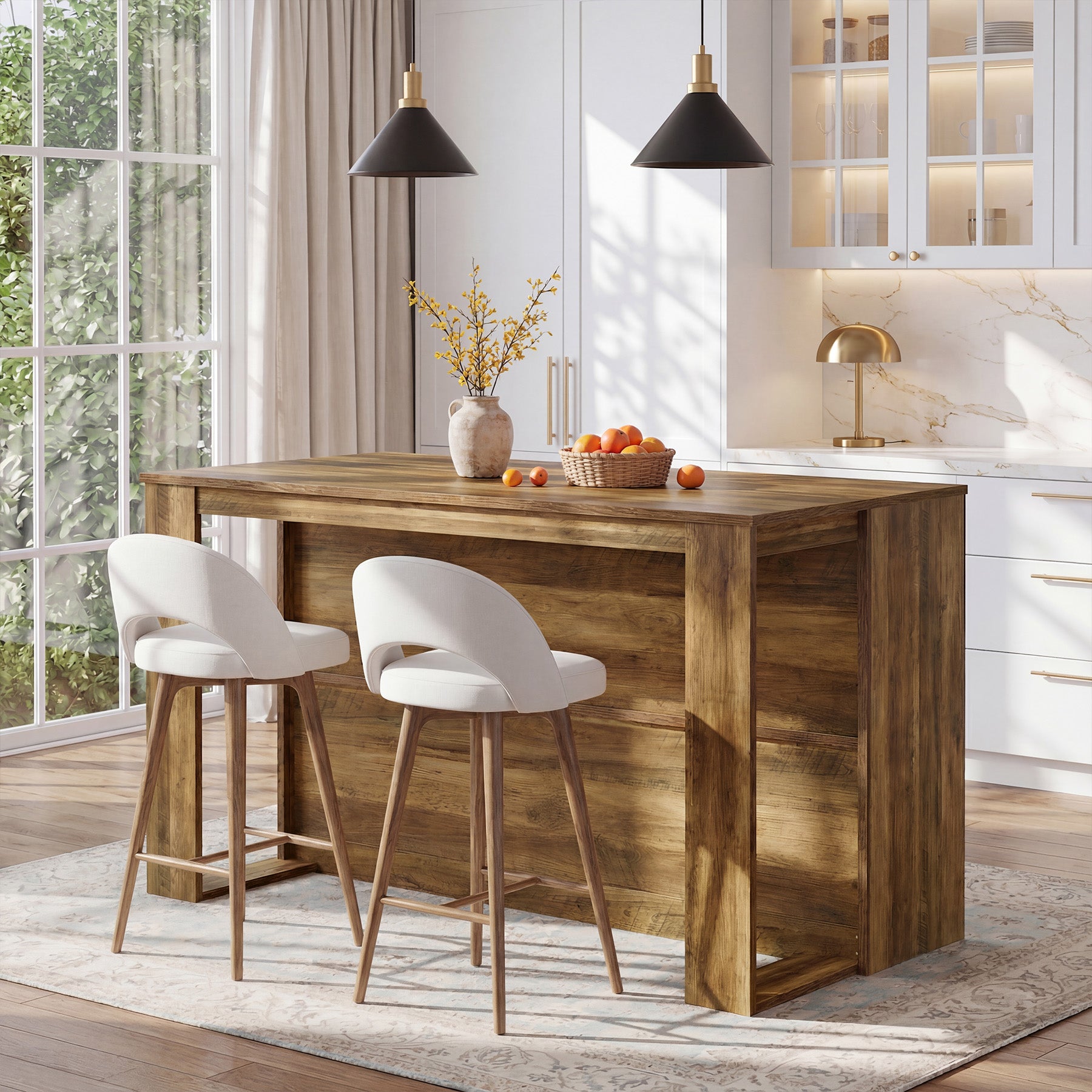 Wooden Kitchen Island, 55" Counter Height Coffee Bar Table with 2-Tier Shelves
